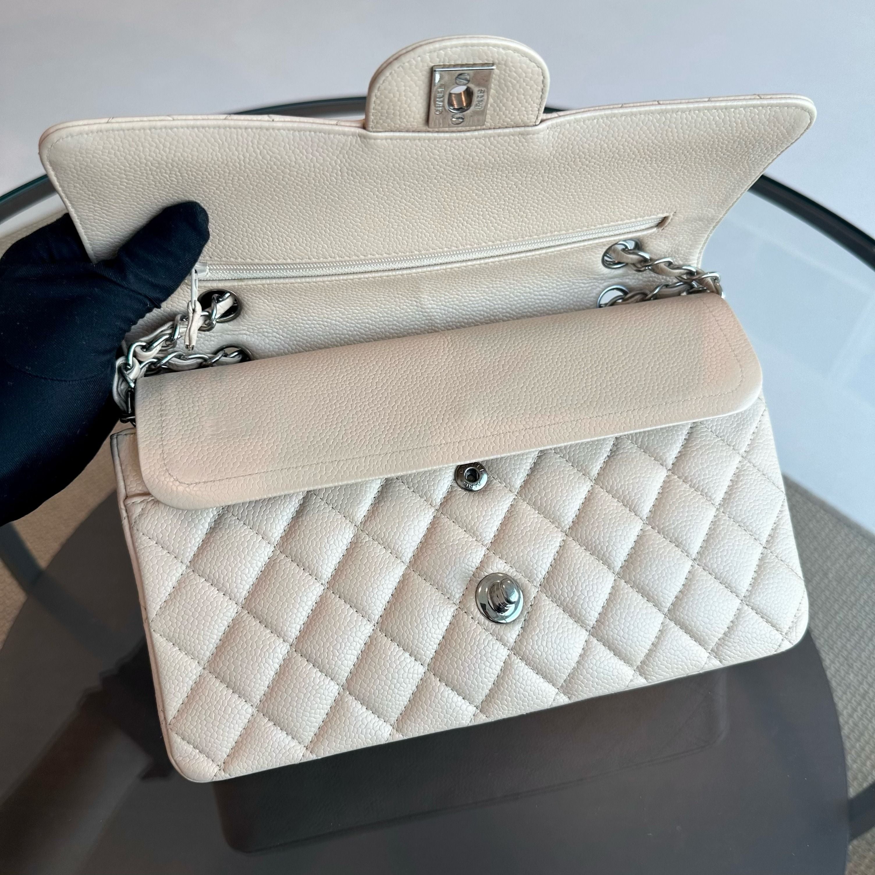 Chanel Caviar Classic Flap Quilted medium 25cm Calfskin Beige SHW No 12 - Luxury Evermore