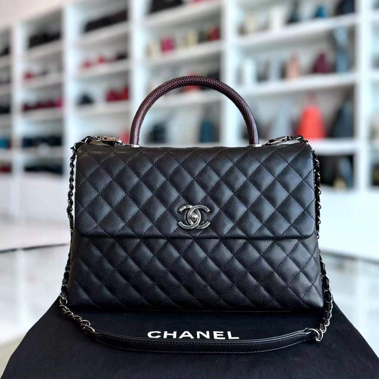 Chanel Caviar Coco Handle Large Quilted Grained Calfskin Black Silver Hardware Series 23 - Luxury Evermore