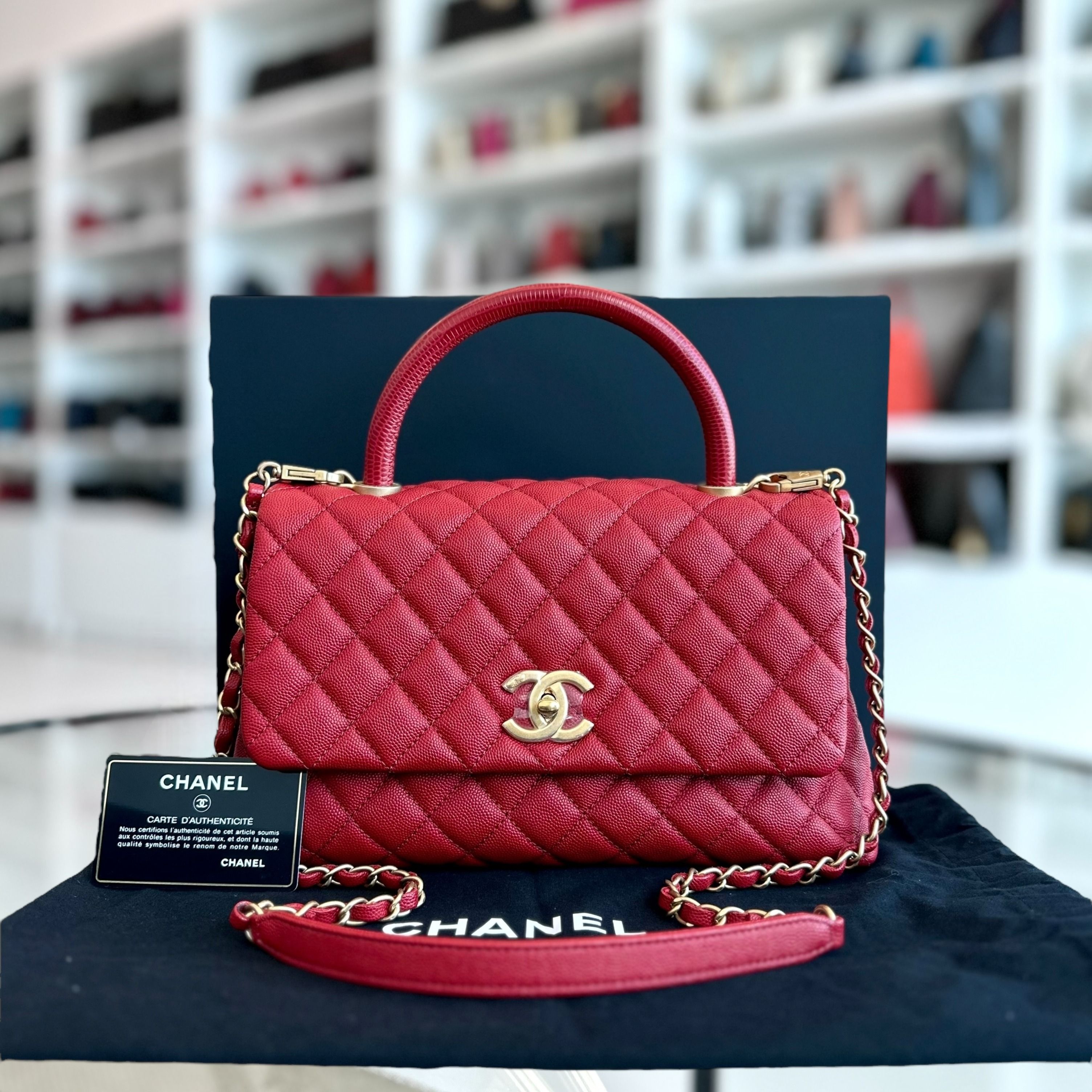 Chanel Caviar Coco Handle Medium Quilted Red 2020 GHW No 28 - Luxury Evermore