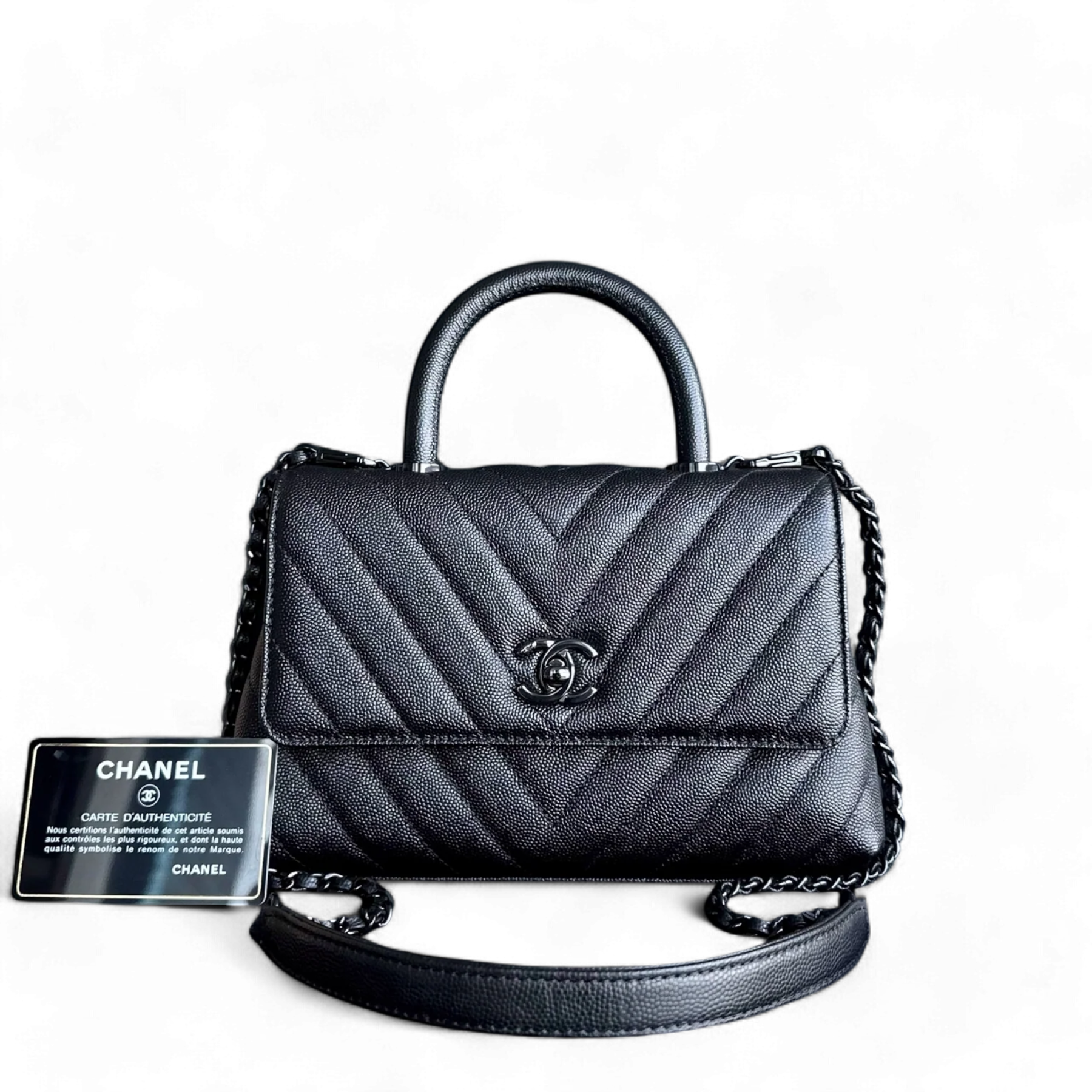 Chanel Coco Handle - Small Caviar Chevron Grained Calfskin Black Black Hardware Series 26