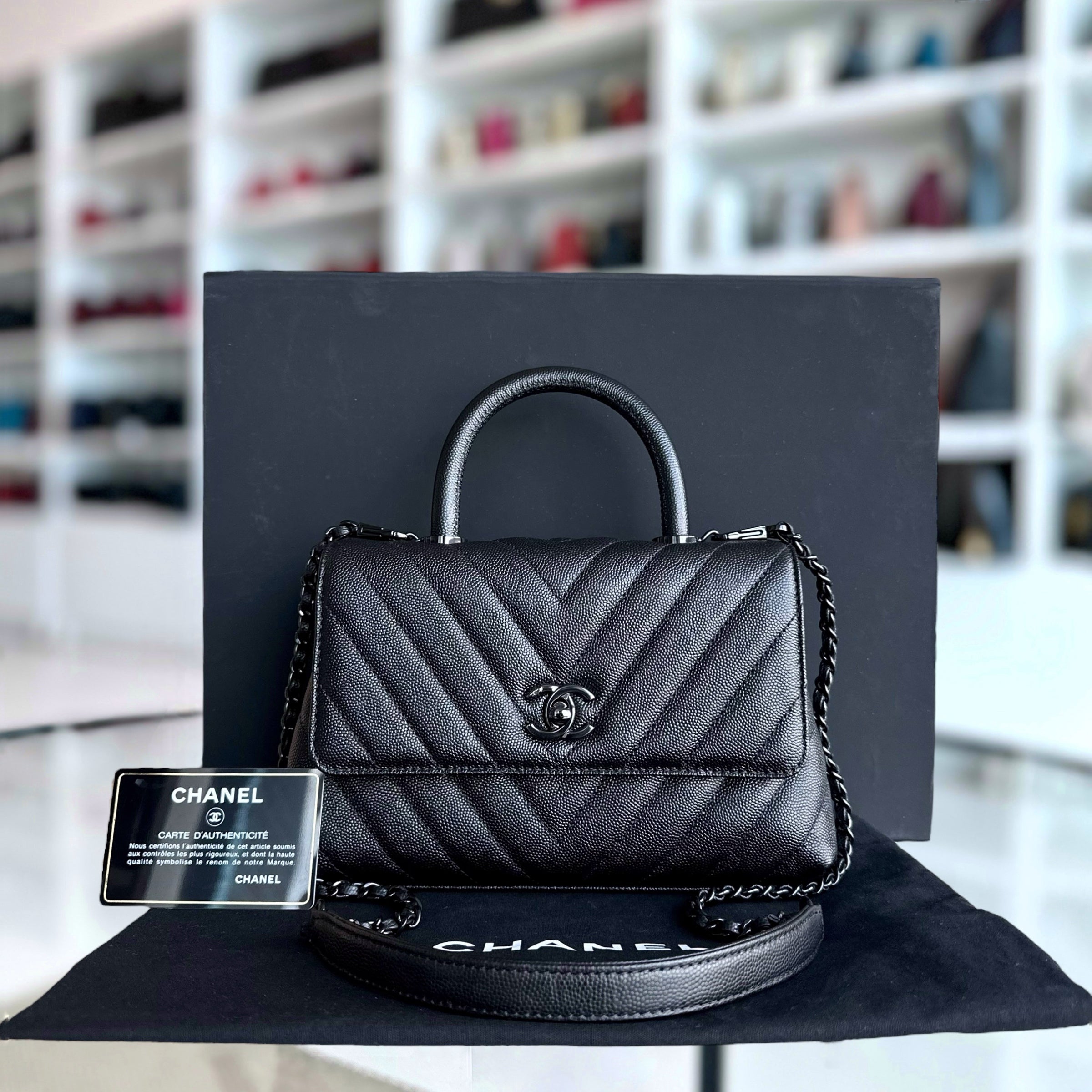 Chanel Caviar Coco Handle Small Chevron Grained Calfskin Black Black Hardware Series 26 - Luxury Evermore