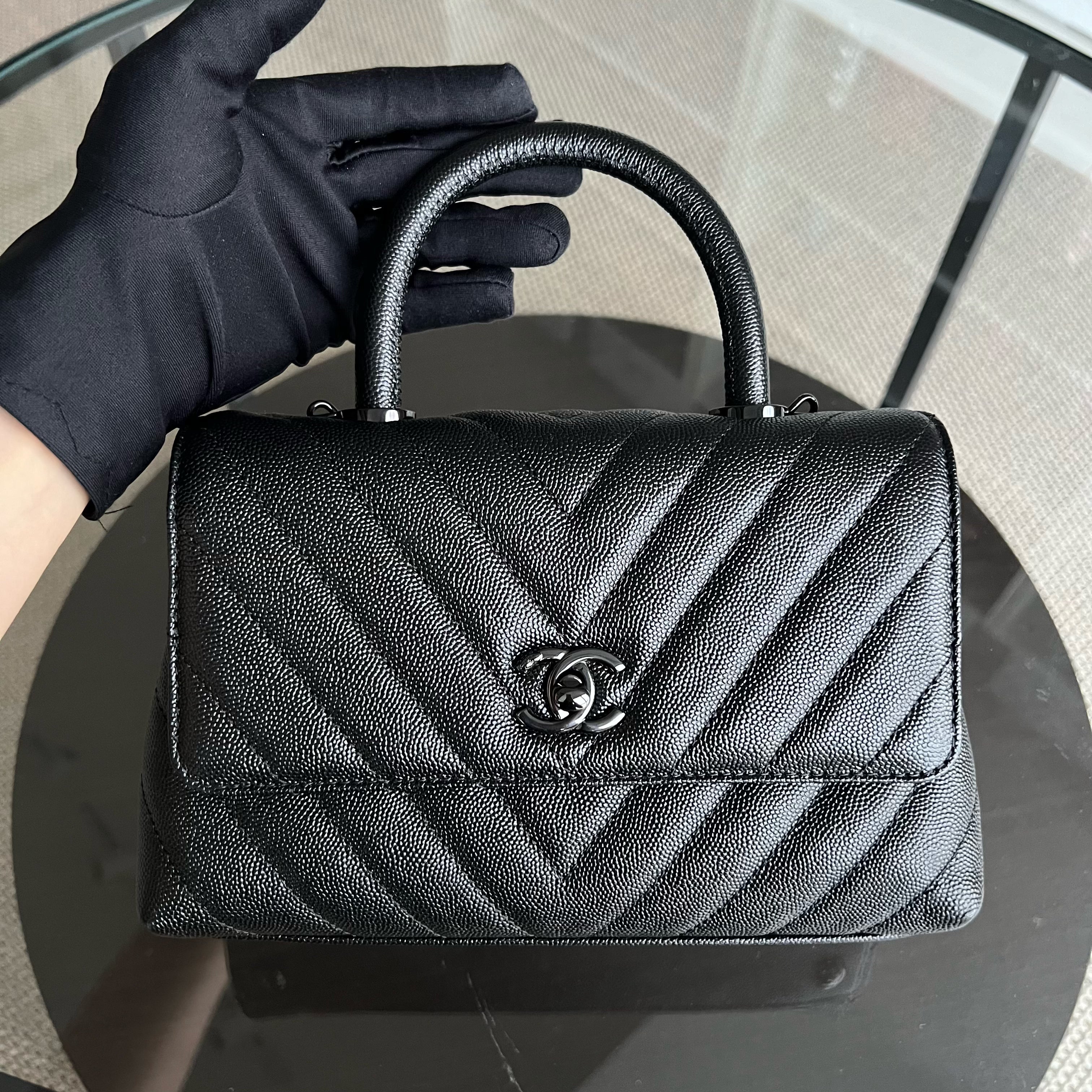 Chanel Caviar Coco Handle Small Chevron Grained Calfskin Black Black Hardware Series 26 - Luxury Evermore