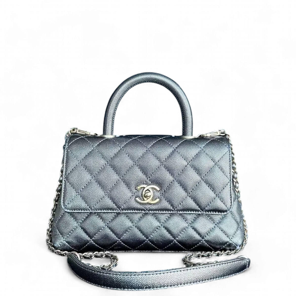 Chanel Caviar Coco Handle Small Grained Calfskin Metallic Silver Golden Hardware Series 28