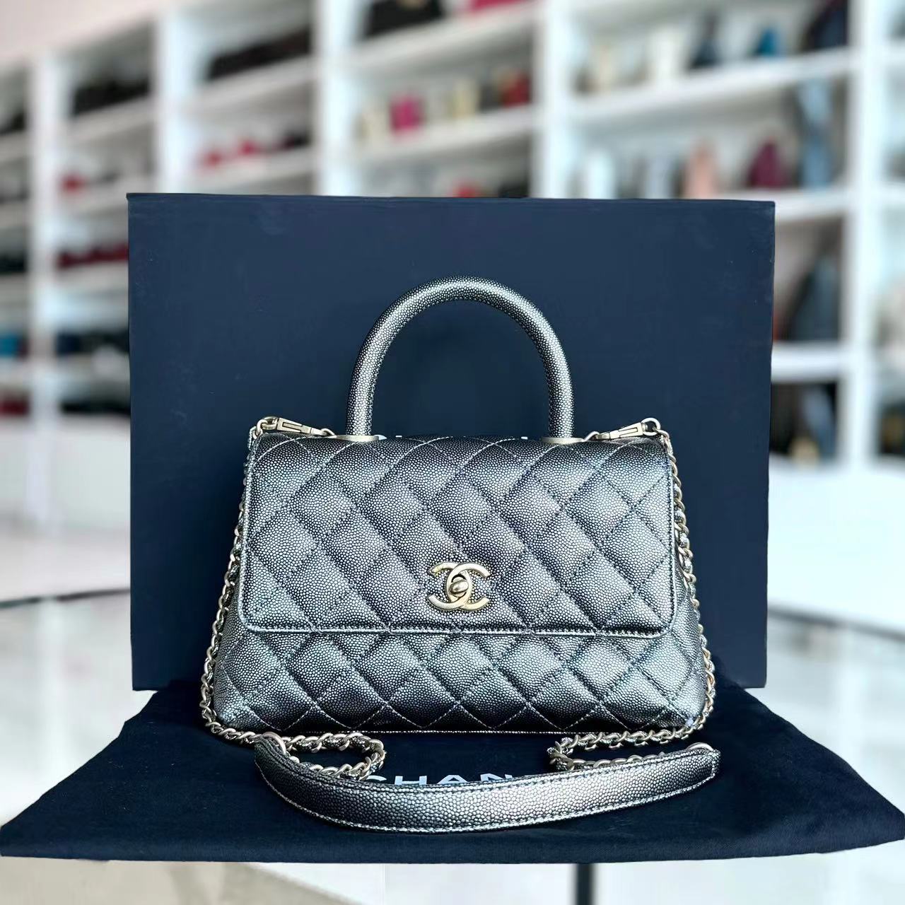 Chanel Caviar Coco Handle Small Grained Calfskin Metallic Silver Golden Hardware Series 28 - Luxury Evermore