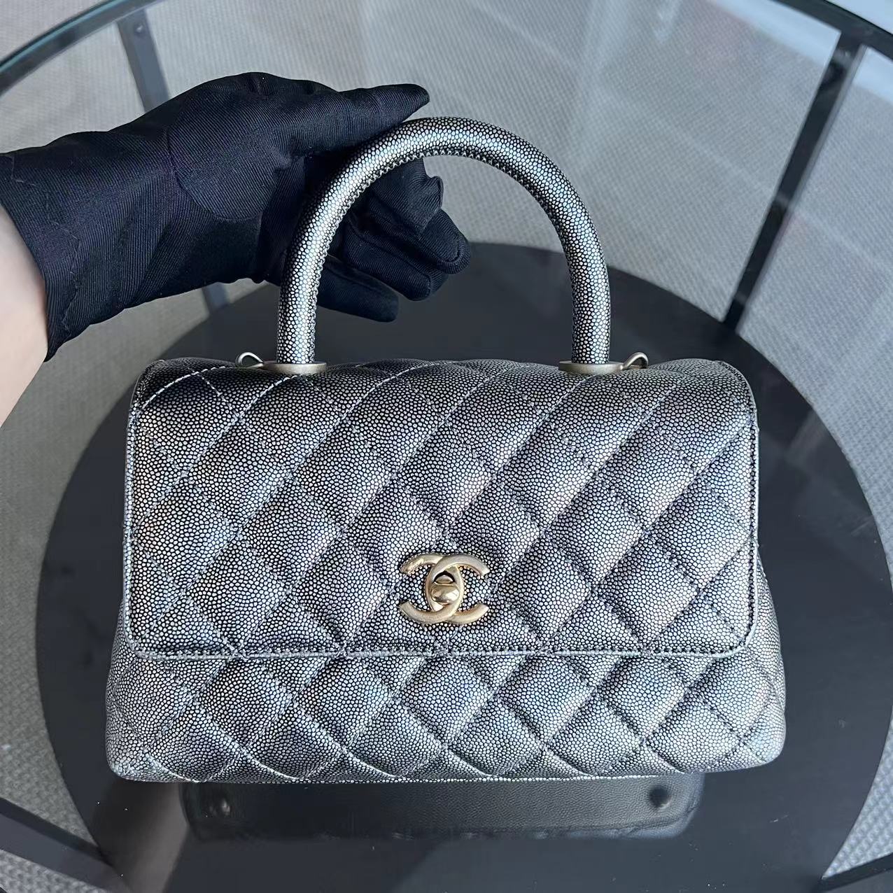 Chanel Caviar Coco Handle Small Grained Calfskin Metallic Silver Golden Hardware Series 28 - Luxury Evermore