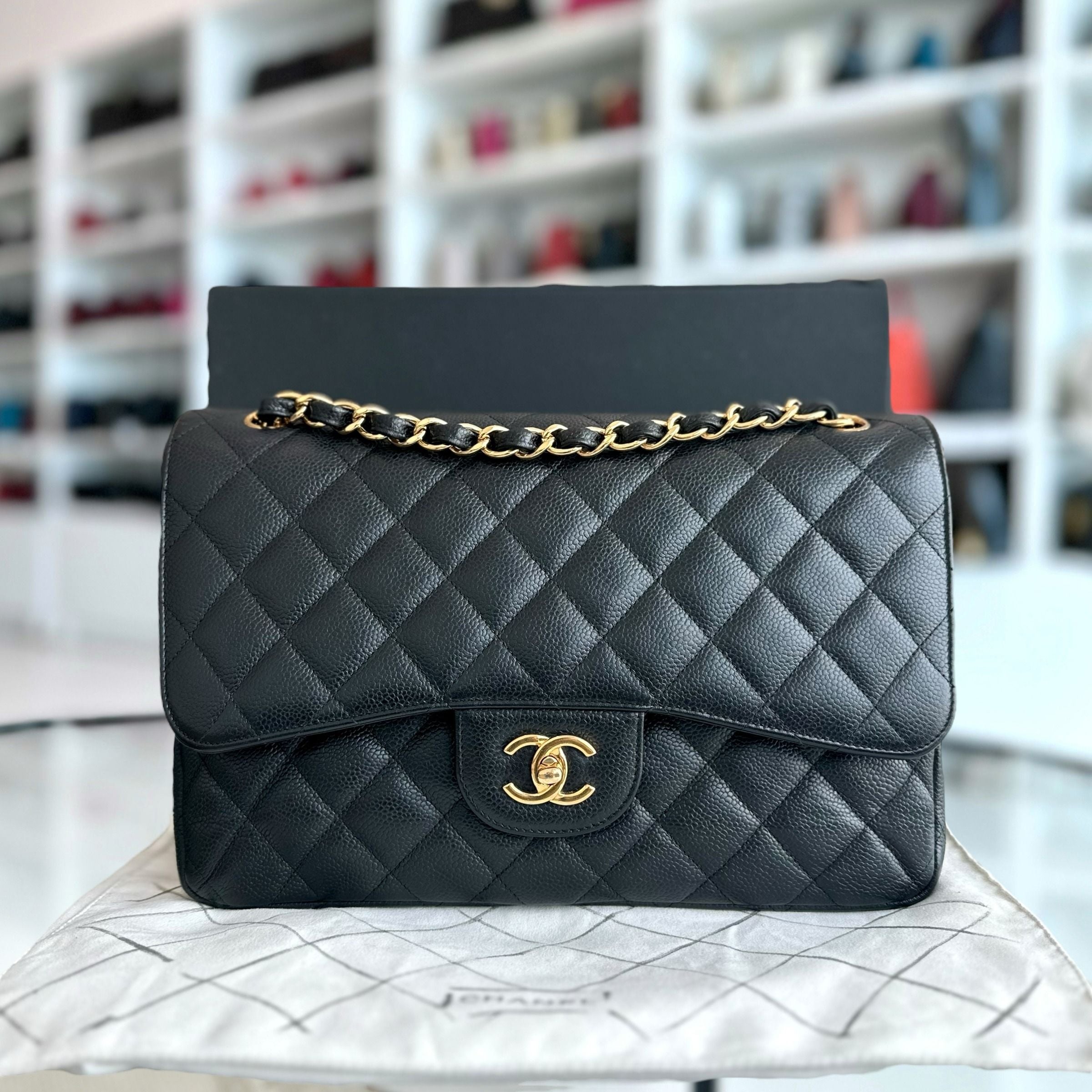 Chanel Caviar Double Flap Jumbo Classic Flap Black GHW No 18 - Luxury Evermore