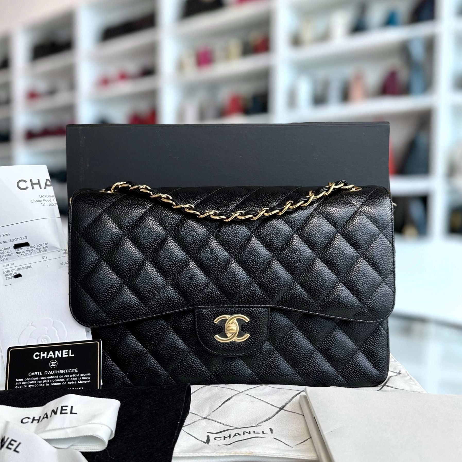 Chanel Caviar Double Flap Jumbo Classic Flap Black GHW No 23 - Luxury Evermore