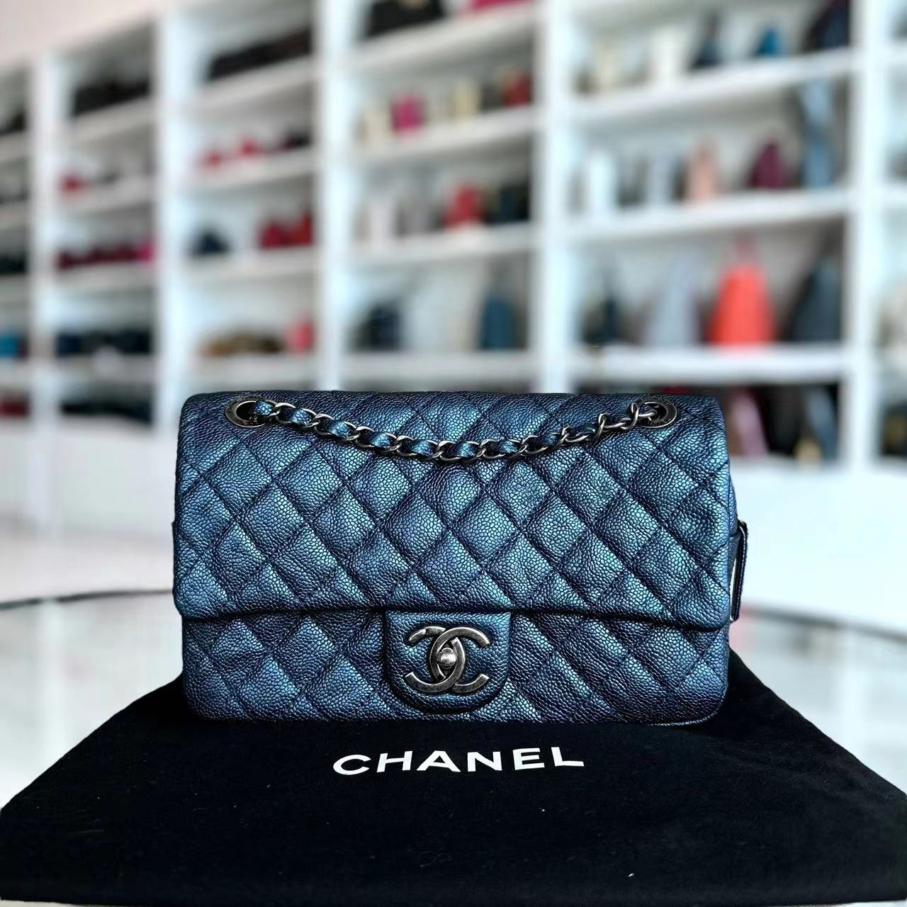 Chanel Caviar Easy Flap Zipper Quilted Calfskin Small Iridescent Blue SHW No 16 - Luxury Evermore