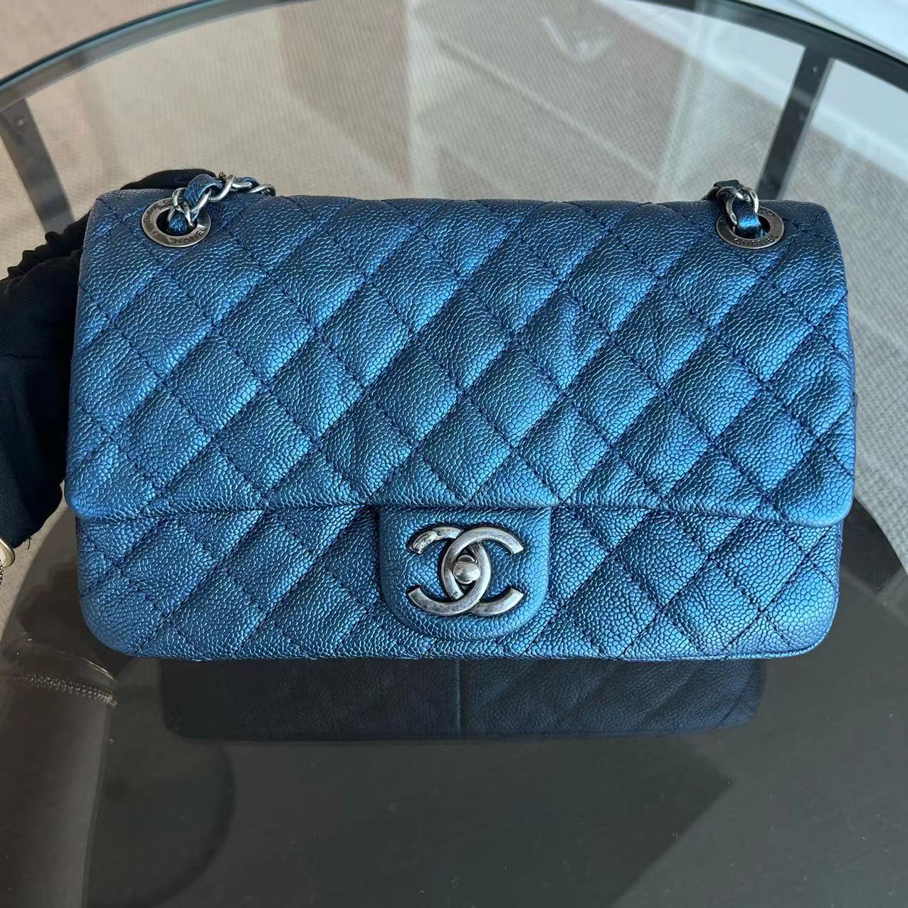 Chanel Caviar Easy Flap Zipper Quilted Calfskin Small Iridescent Blue SHW No 16 - Luxury Evermore