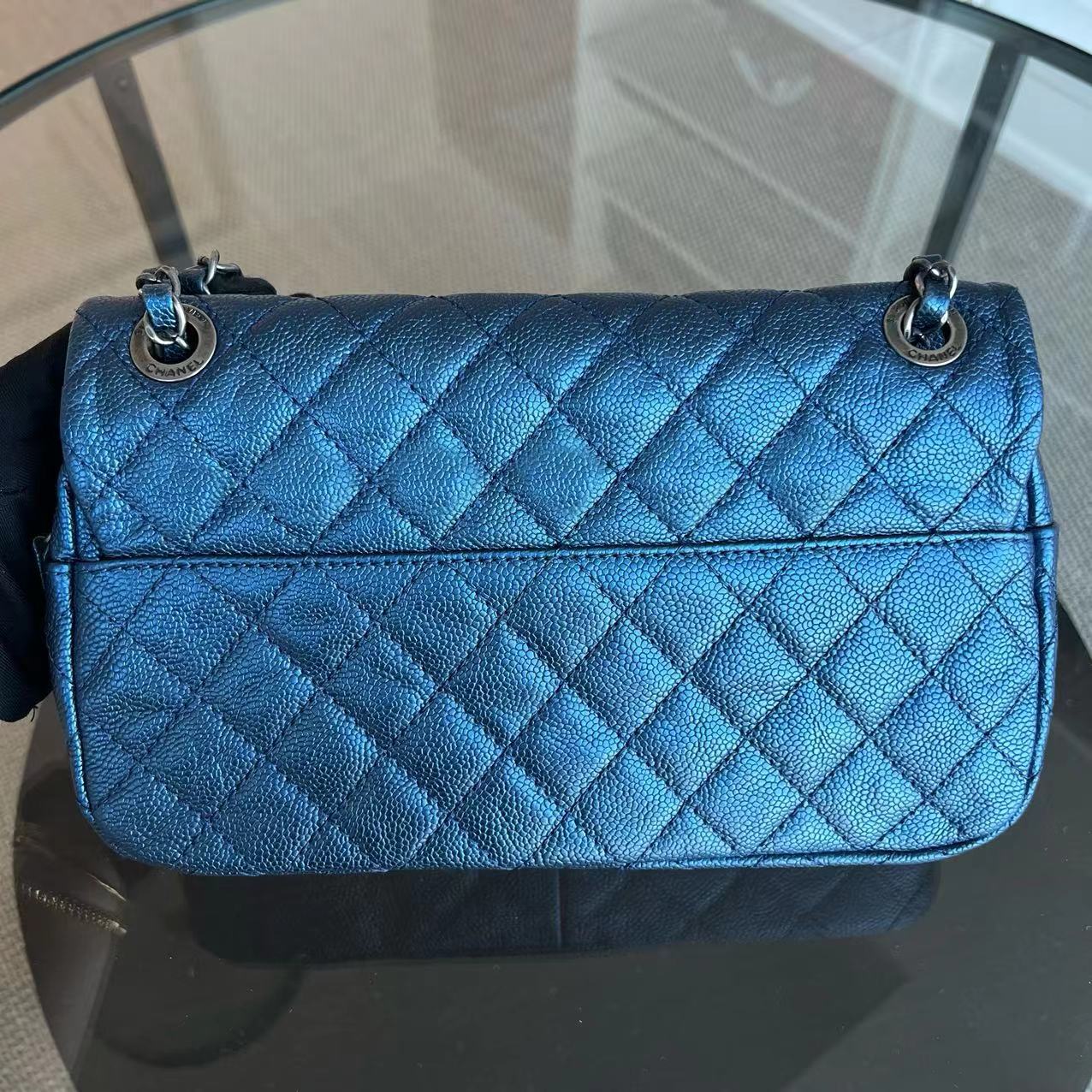 Chanel Caviar Easy Flap Zipper Quilted Calfskin Small Iridescent Blue SHW No 16 - Luxury Evermore