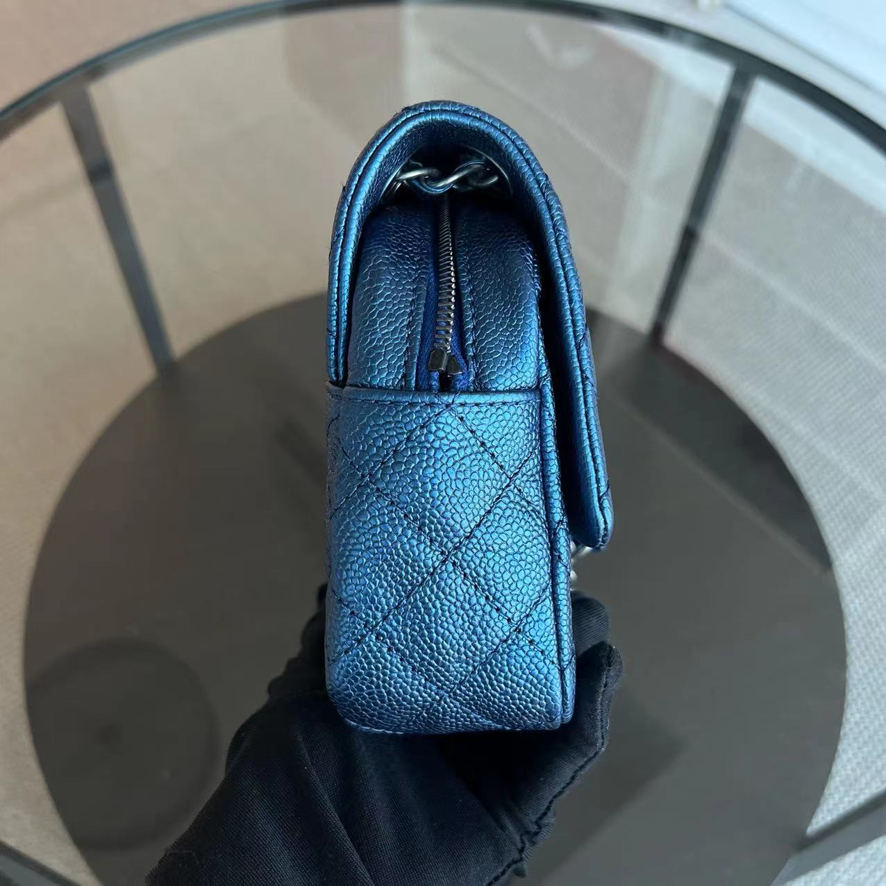 Chanel Caviar Easy Flap Zipper Quilted Calfskin Small Iridescent Blue SHW No 16 - Luxury Evermore