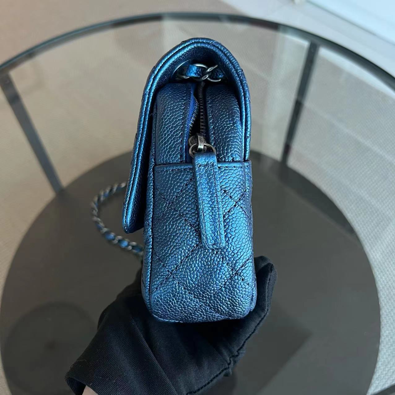 Chanel Caviar Easy Flap Zipper Quilted Calfskin Small Iridescent Blue SHW No 16 - Luxury Evermore