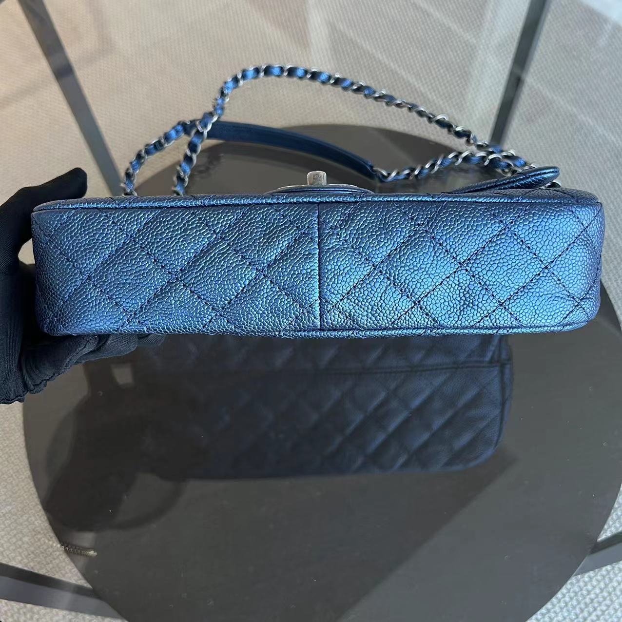 Chanel Caviar Easy Flap Zipper Quilted Calfskin Small Iridescent Blue SHW No 16 - Luxury Evermore