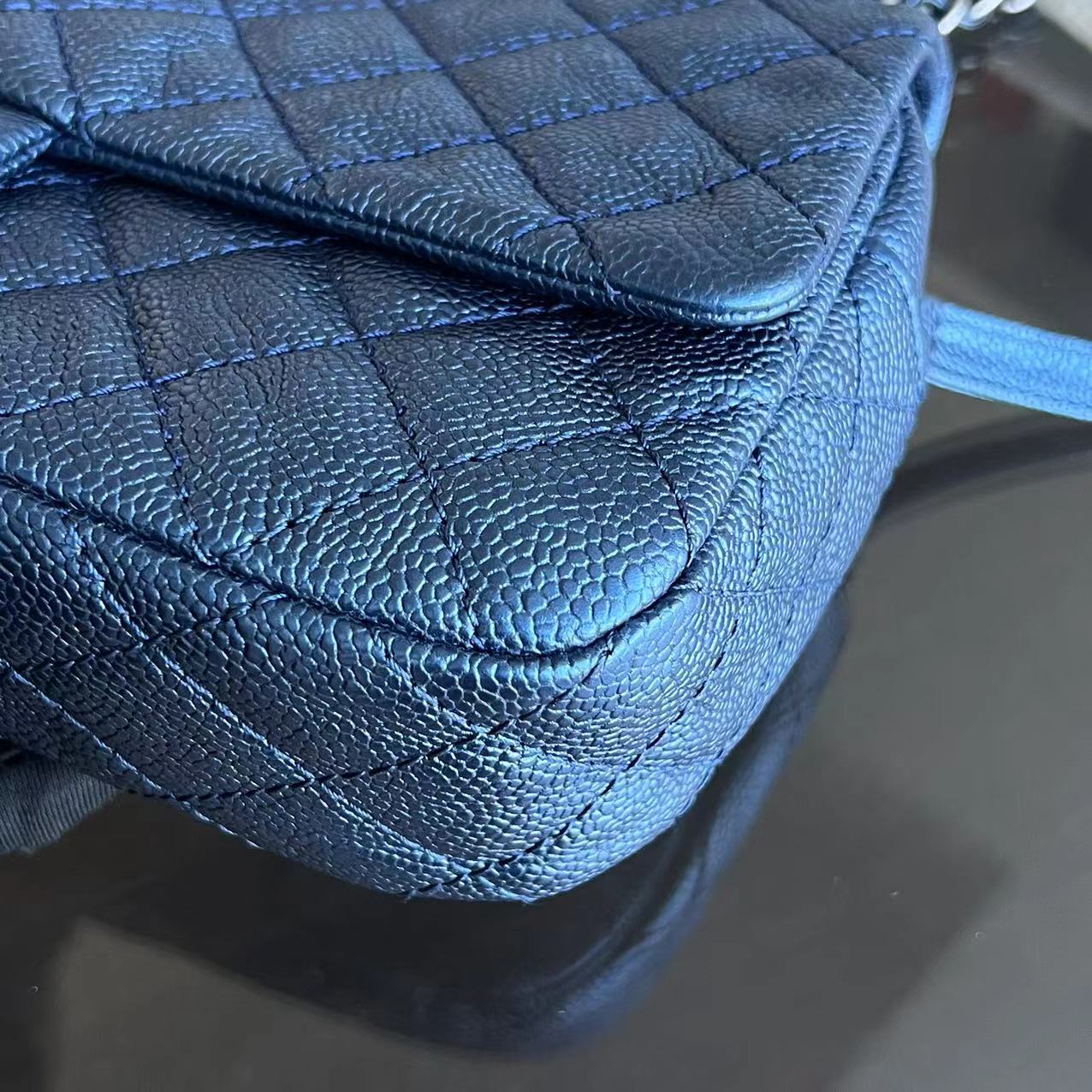 Chanel Caviar Easy Flap Zipper Quilted Calfskin Small Iridescent Blue SHW No 16 - Luxury Evermore