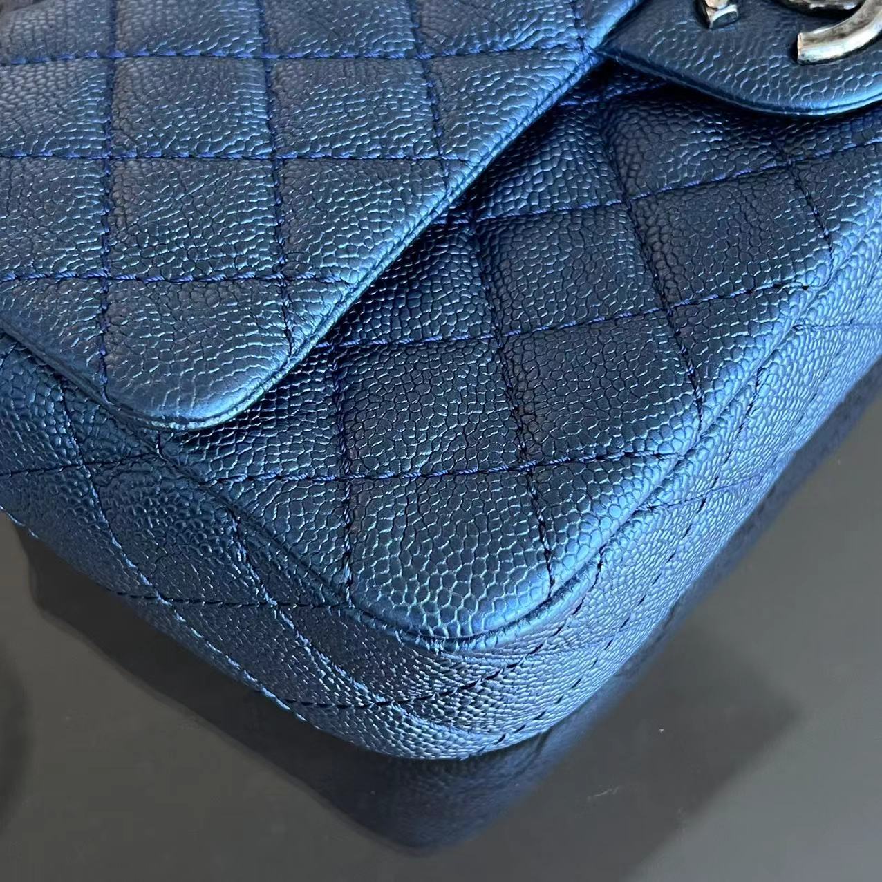 Chanel Caviar Easy Flap Zipper Quilted Calfskin Small Iridescent Blue SHW No 16 - Luxury Evermore