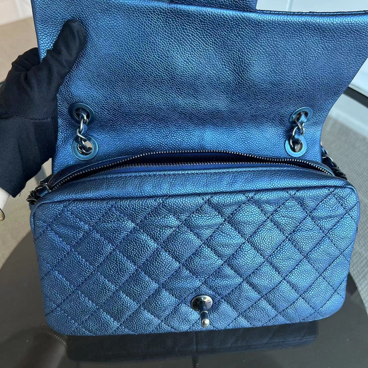 Chanel Caviar Easy Flap Zipper Quilted Calfskin Small Iridescent Blue SHW No 16 - Luxury Evermore