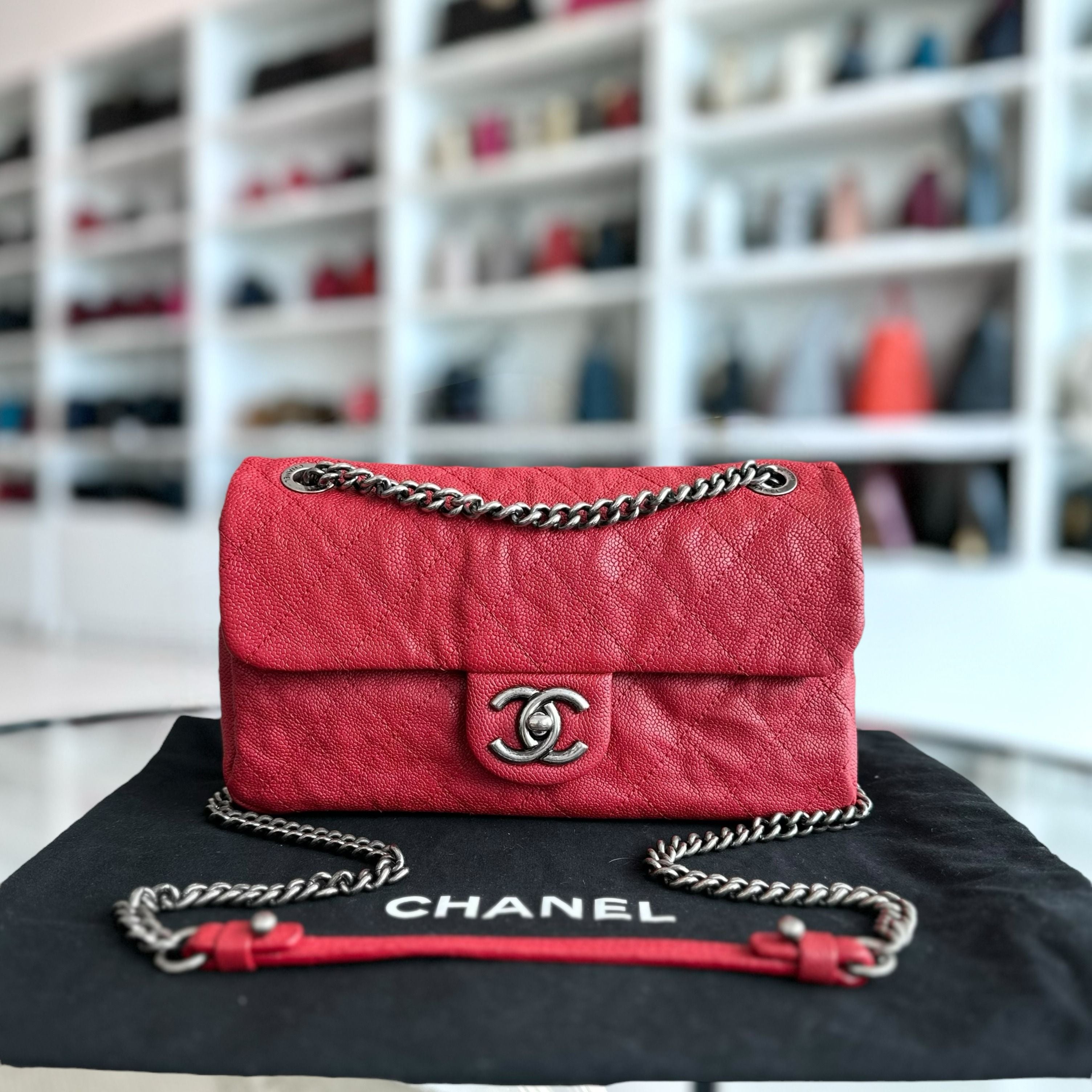 Chanel Caviar Flap Medium Triple Compartment Quilted Red RHW No 15 - Luxury Evermore