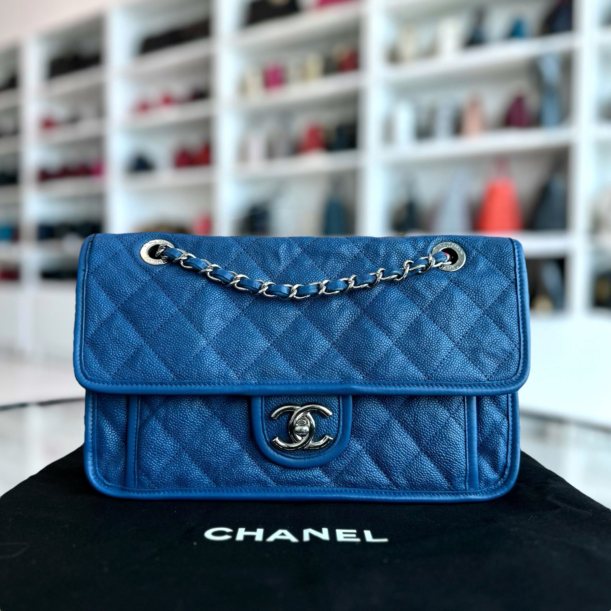 Chanel Caviar French Riviera Medium Classic Flap Quilted Blue SHW No 15 - Luxury Evermore