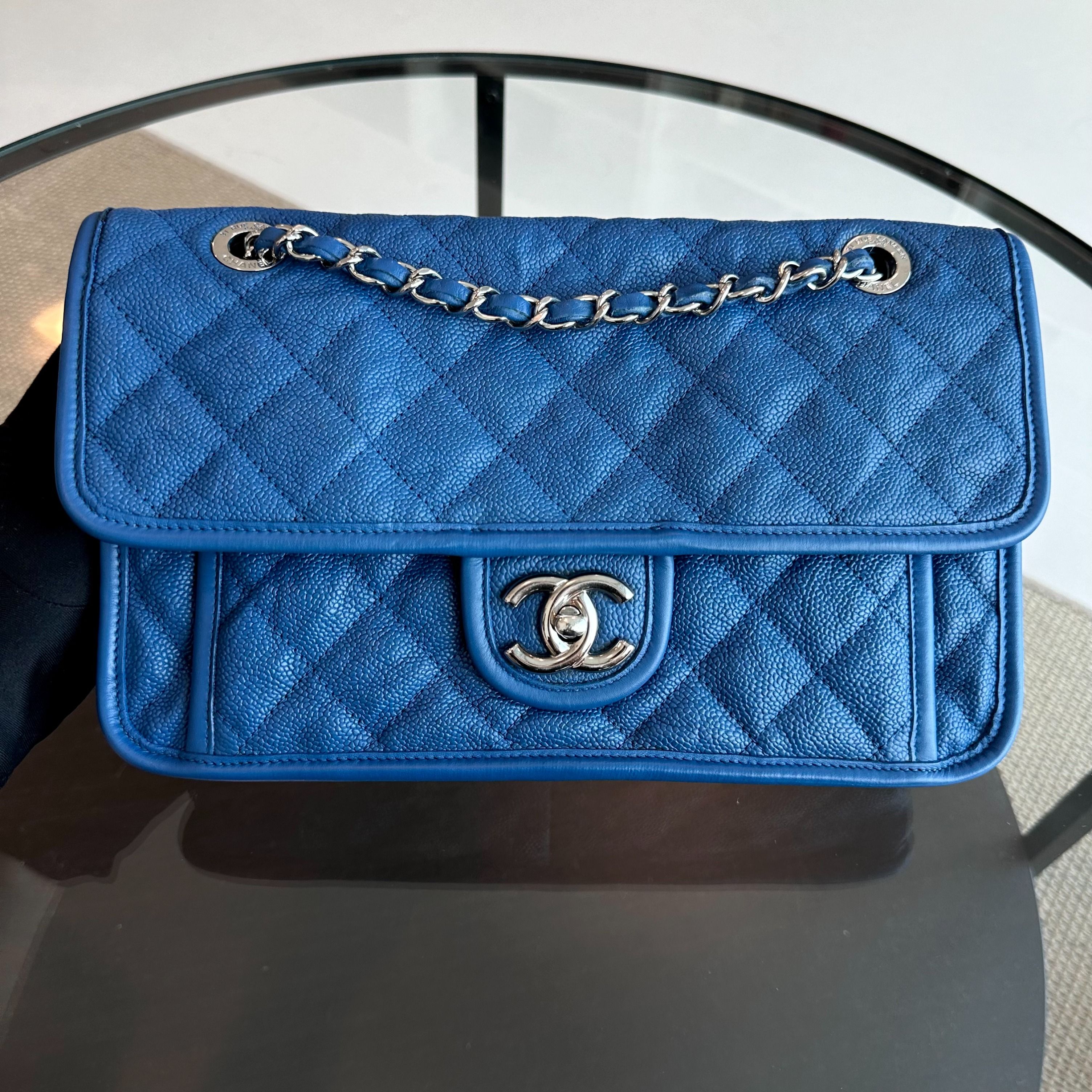 Chanel Caviar French Riviera Medium Classic Flap Quilted Blue SHW No 15 - Luxury Evermore