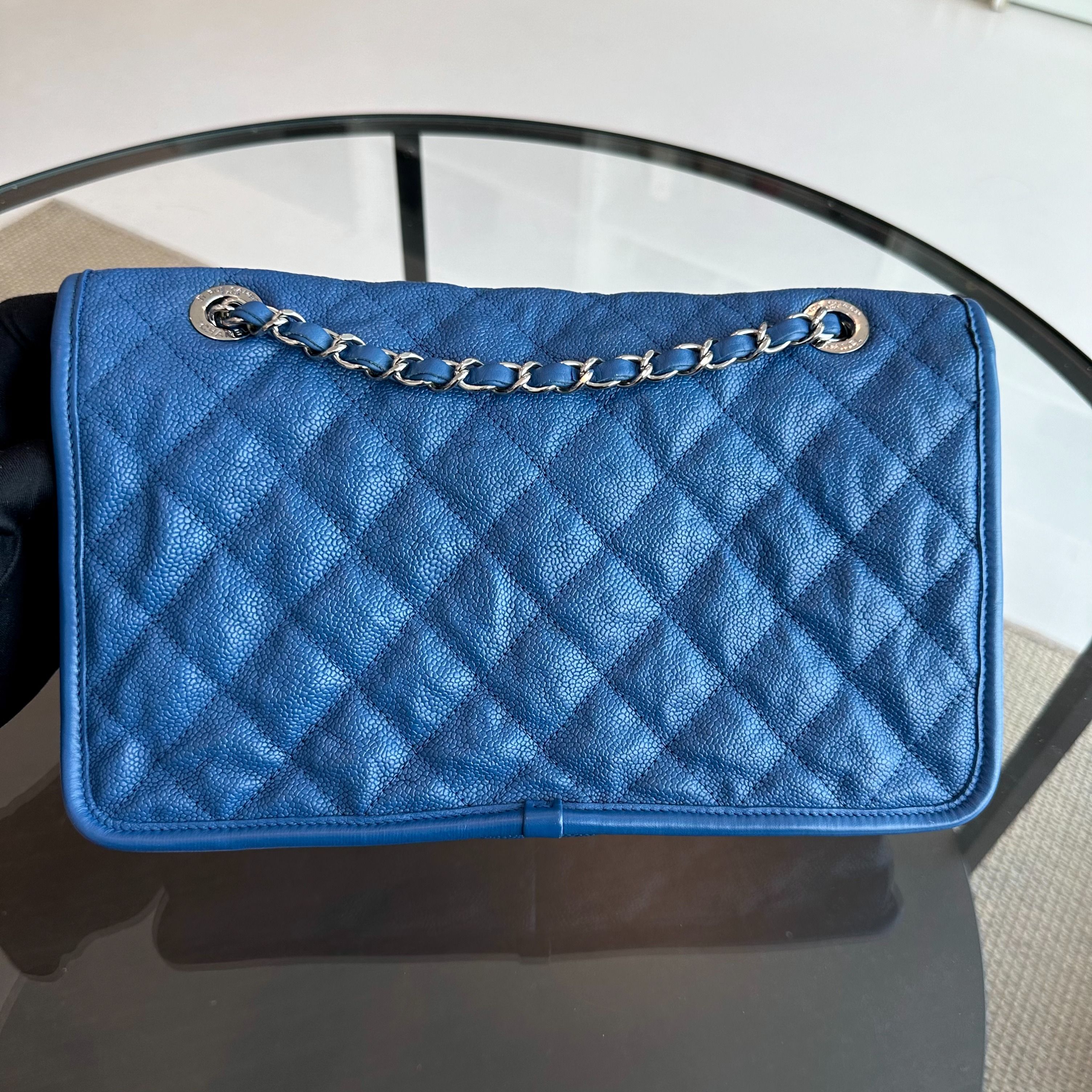 Chanel Caviar French Riviera Medium Classic Flap Quilted Blue SHW No 15 - Luxury Evermore