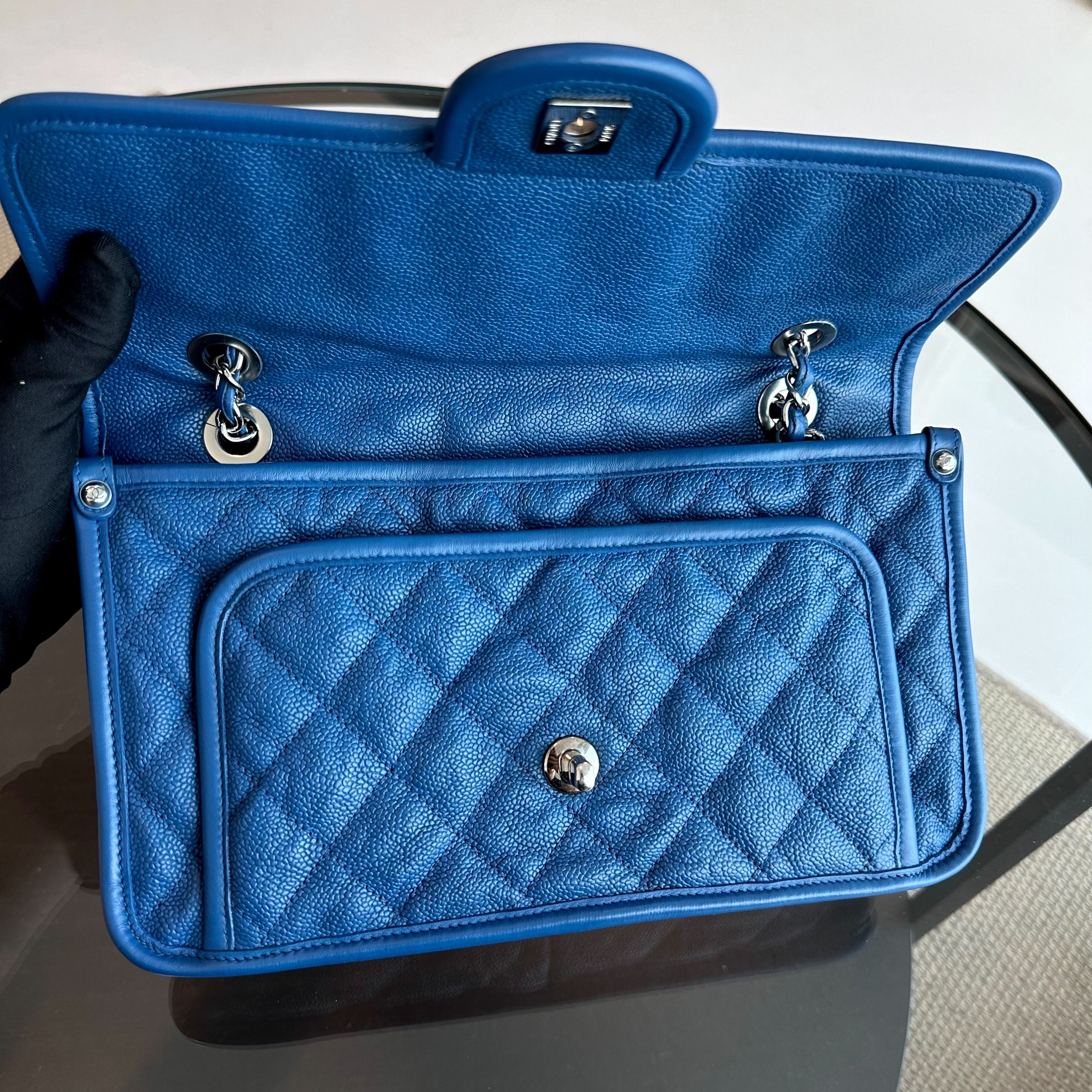 Chanel Caviar French Riviera Medium Classic Flap Quilted Blue SHW No 15 - Luxury Evermore