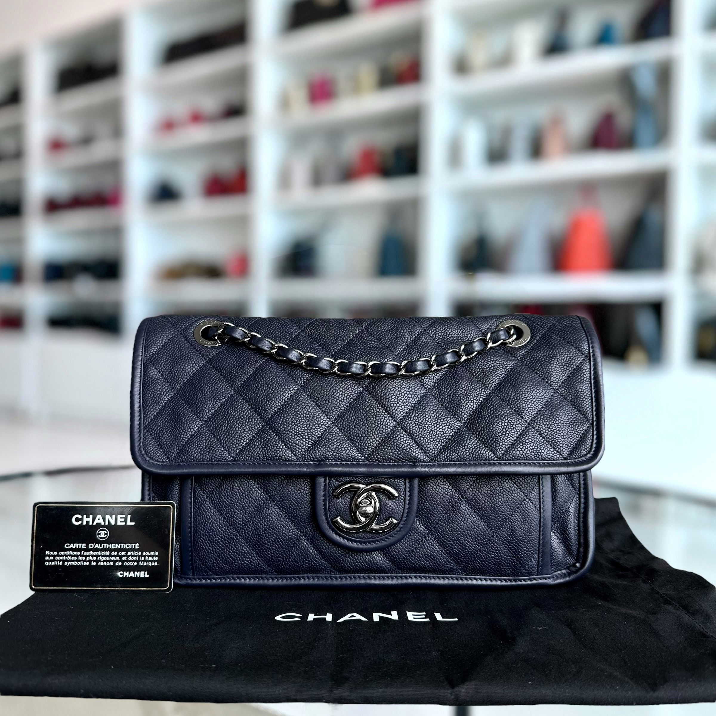 Chanel Caviar French Riviera Seasonal Flap Quilted Calfskin Dark Blue SHW No 19 - Luxury Evermore