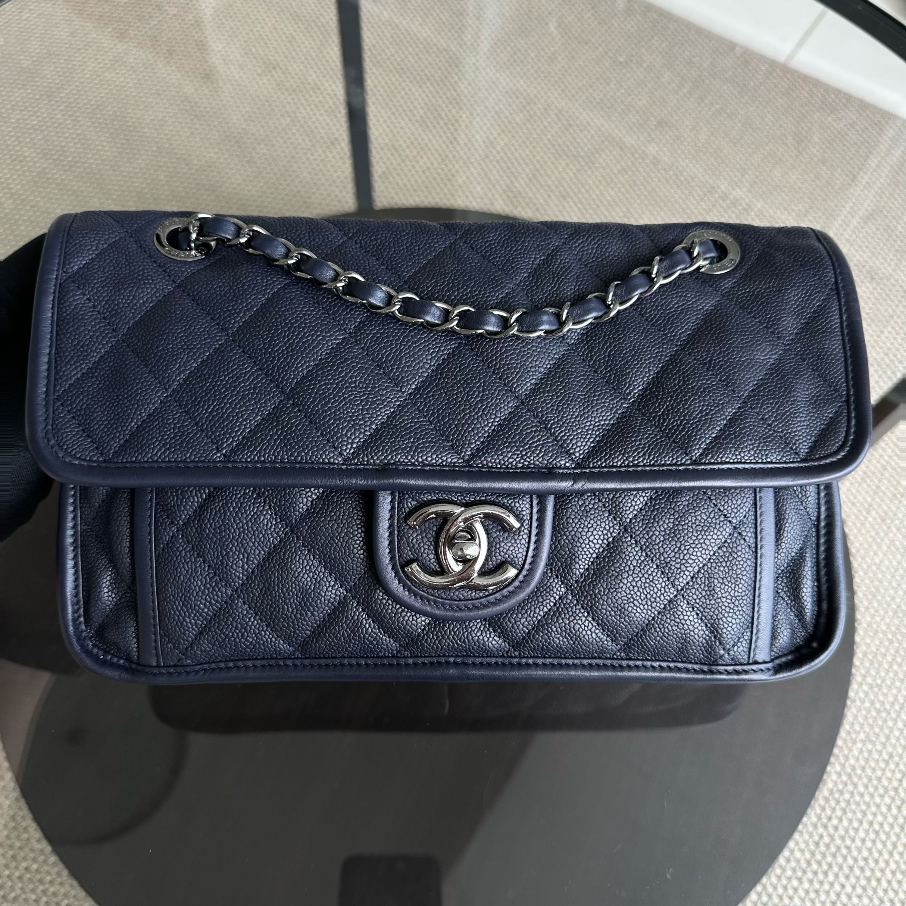 Chanel Caviar French Riviera Seasonal Flap Quilted Calfskin Dark Blue SHW No 19 - Luxury Evermore