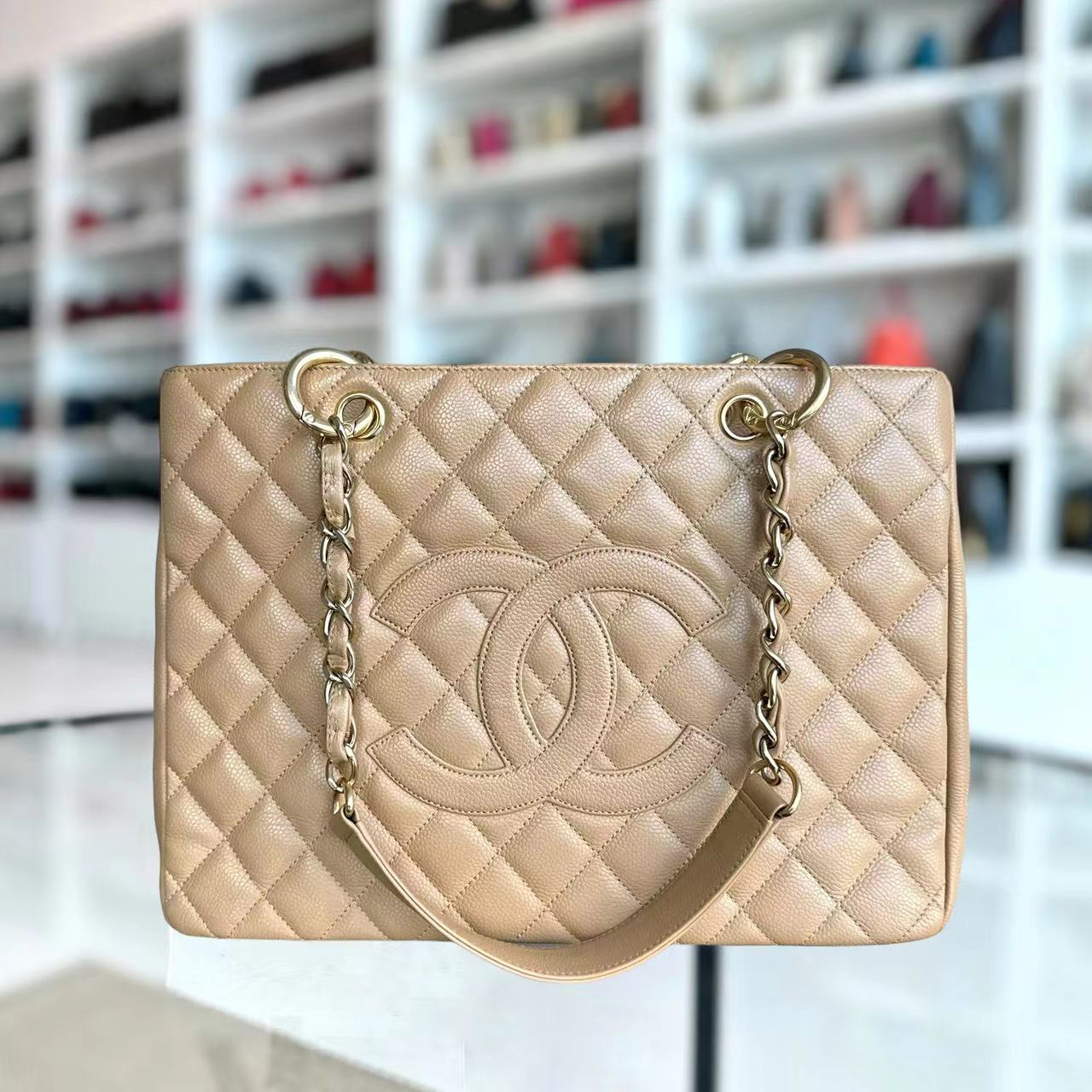 Chanel Caviar GST Grand Shopping Tote Quilted Calfskin Beige SHW No 12 - Luxury Evermore