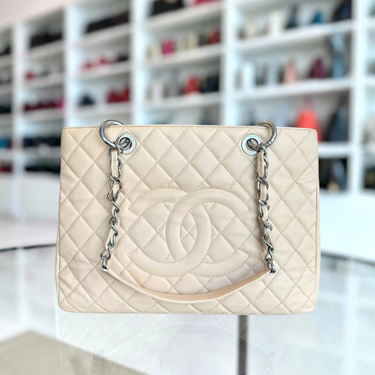 Chanel Caviar GST Grand Shopping Tote Quilted Calfskin Beige SHW No 15 - Luxury Evermore