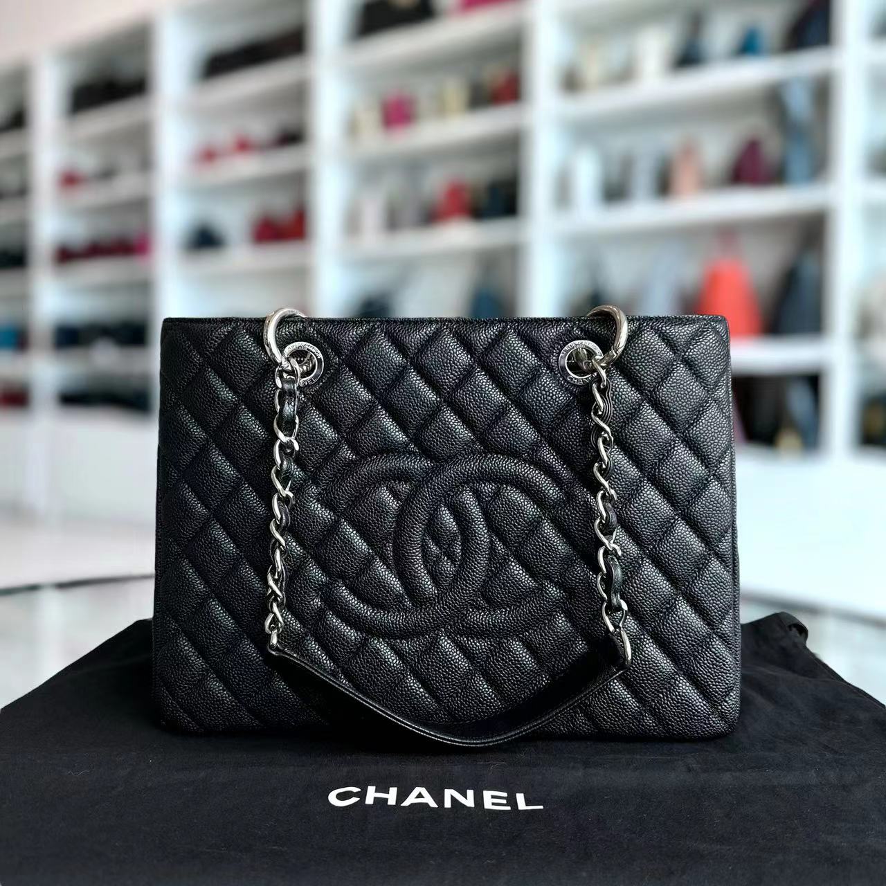 Chanel Caviar GST Grand Shopping Tote Quilted Calfskin Black Silver Hardware - Luxury Evermore