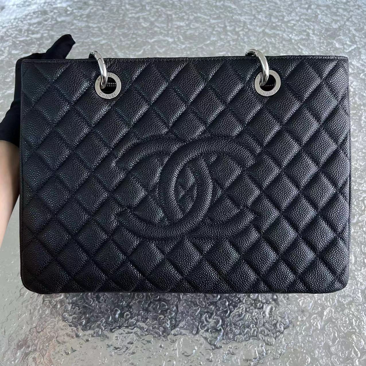 Chanel Caviar GST Grand Shopping Tote Quilted Calfskin Black Silver Hardware - Luxury Evermore