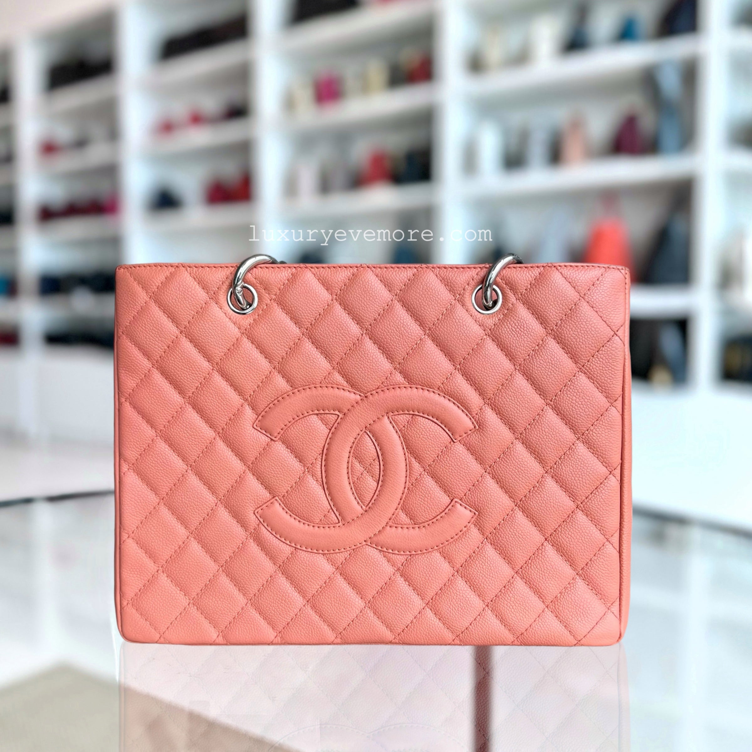 Chanel Caviar GST Grand Shopping Tote Quilted Grained Calfskin Coral Pink Silver Hardware Series 12 - Luxury Evermore