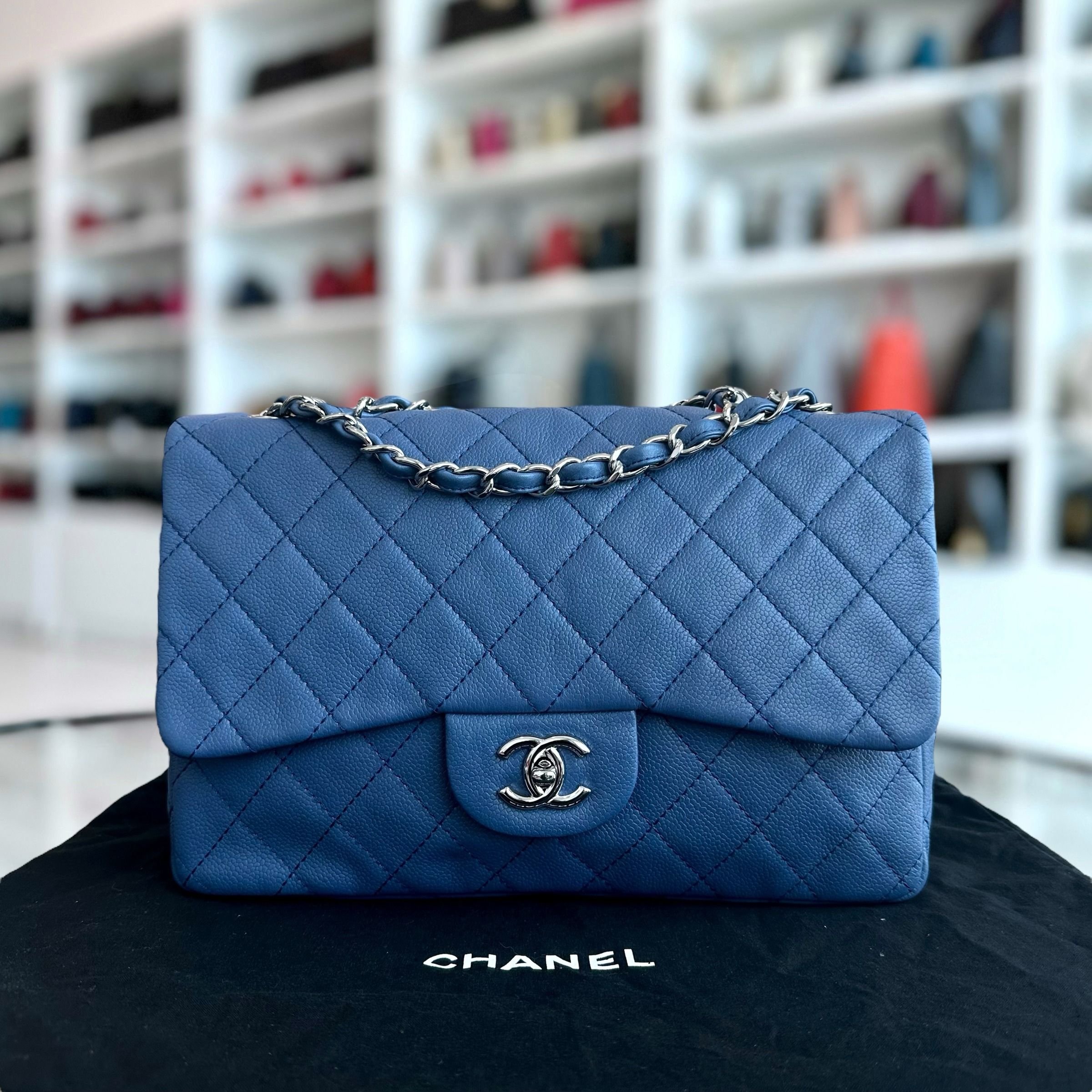 Chanel Caviar Jumbo Classic Flap 30CM Quilted Calfskin Blue SHW No 12 - Luxury Evermore