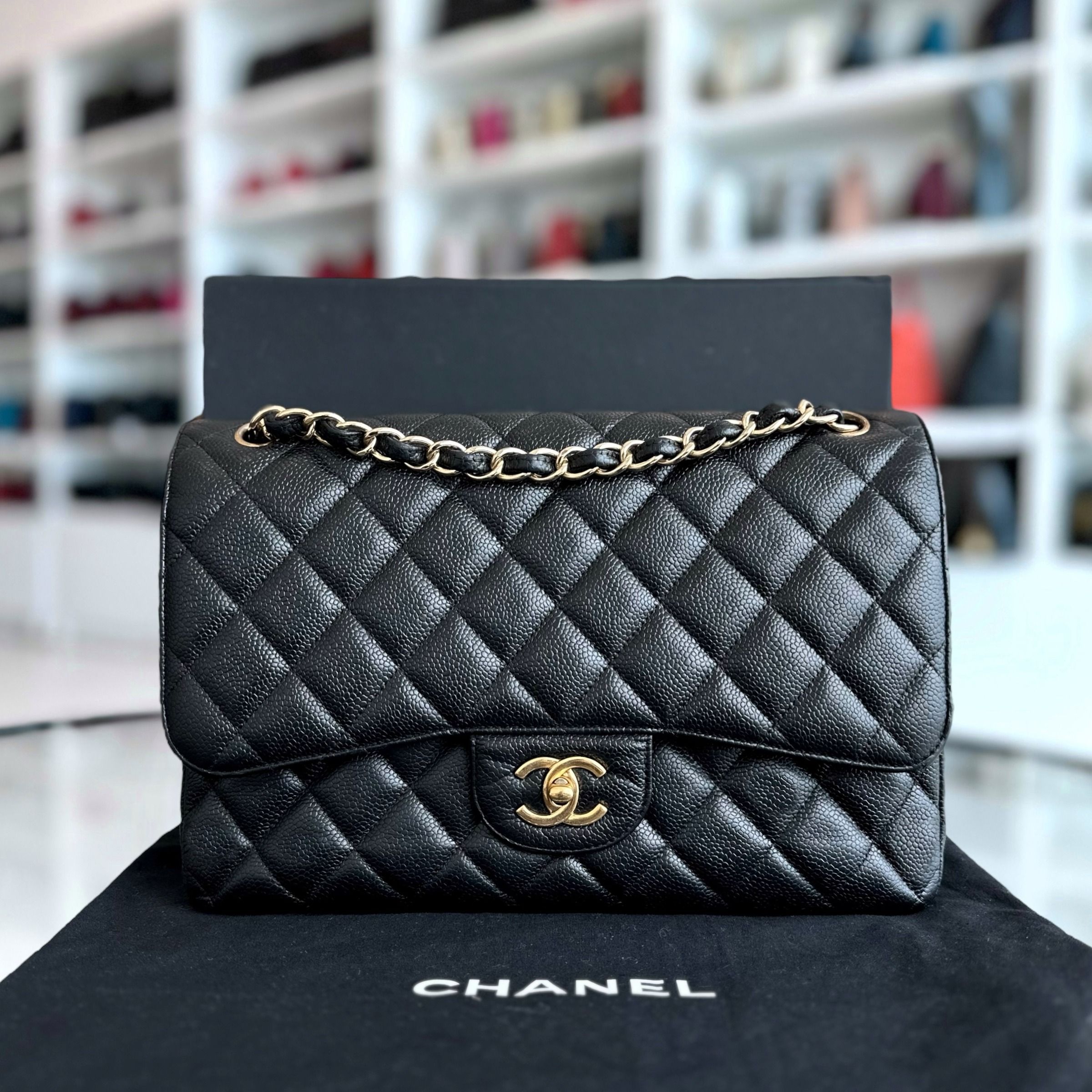 Chanel Caviar Jumbo Classic Flap Double Flap Quilted Calfskin Black GHW No 18 - Luxury Evermore