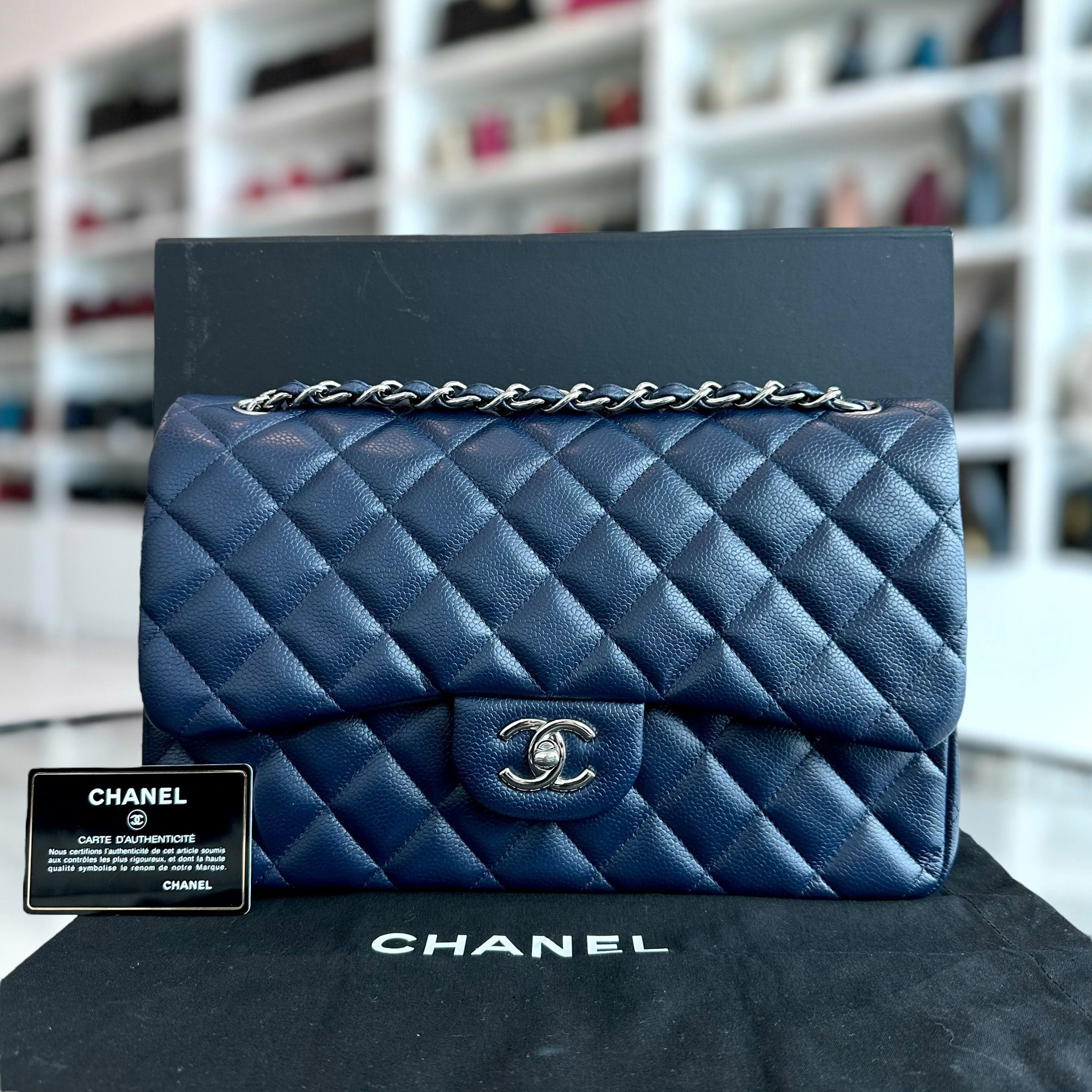 Chanel Caviar Jumbo Classic Flap Quilted Calfskin Dark Blue SHW No 15 - Luxury Evermore