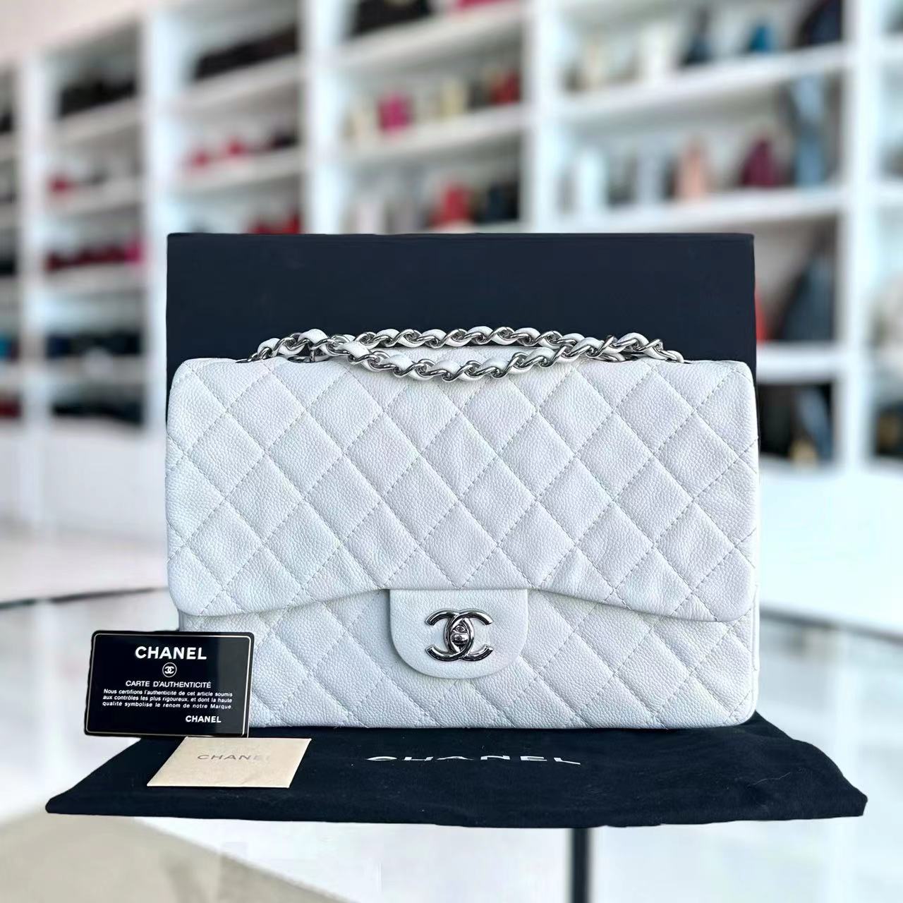 Chanel Caviar Jumbo Classic Flap Quilted Calfskin White Silver Hardware Series 12 - Luxury Evermore