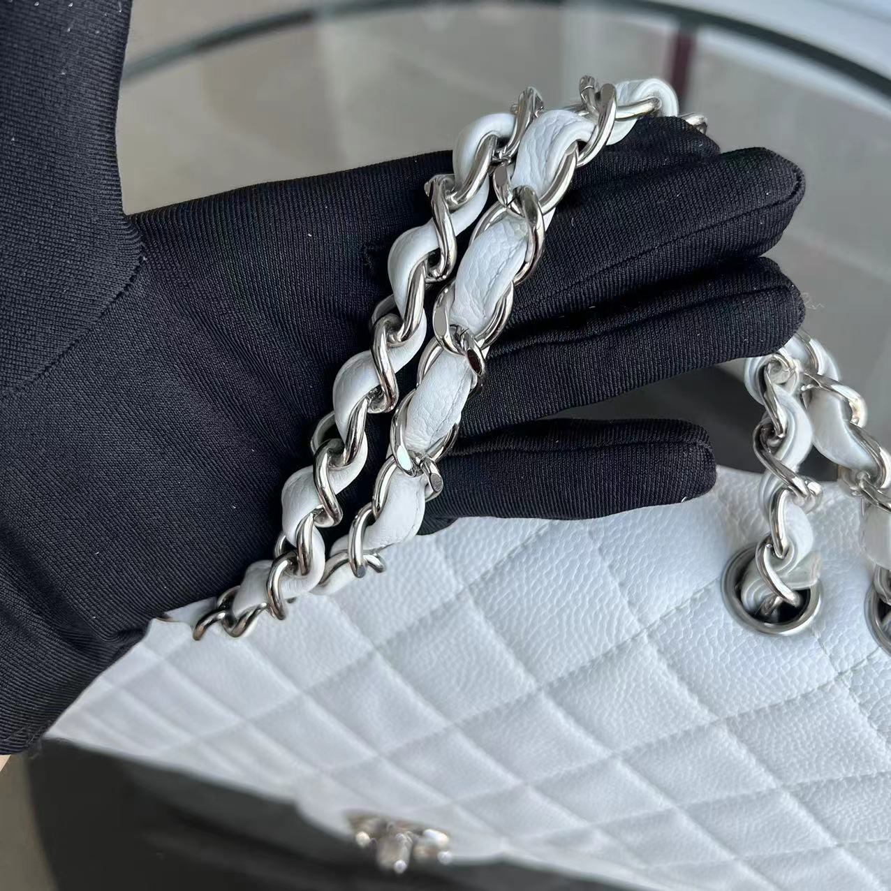 Chanel Caviar Jumbo Classic Flap Quilted Calfskin White Silver Hardware Series 12 - Luxury Evermore