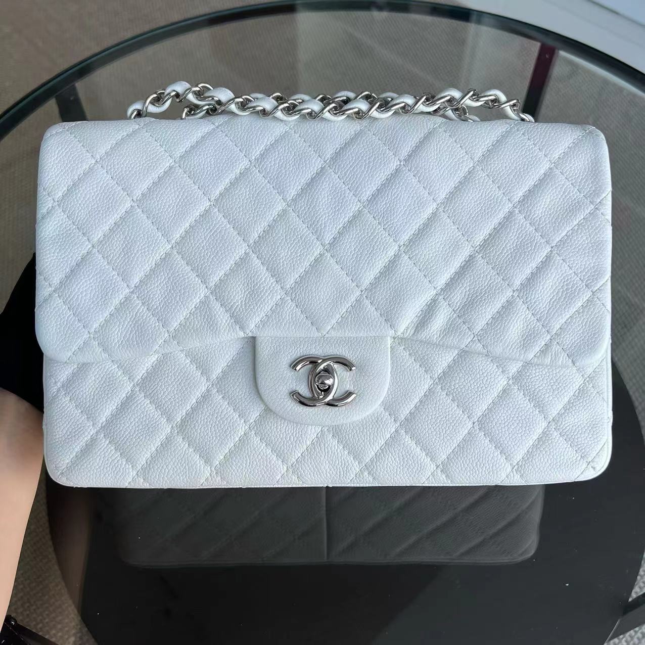 Chanel Caviar Jumbo Classic Flap Quilted Calfskin White Silver Hardware Series 12 - Luxury Evermore