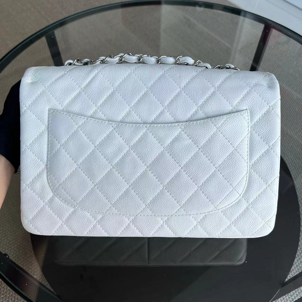 Chanel Caviar Jumbo Classic Flap Quilted Calfskin White Silver Hardware Series 12 - Luxury Evermore