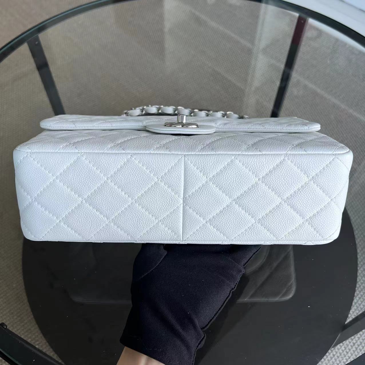 Chanel Caviar Jumbo Classic Flap Quilted Calfskin White Silver Hardware Series 12 - Luxury Evermore