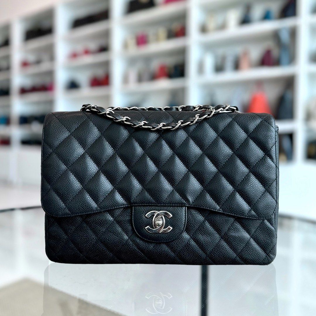 Chanel Caviar Jumbo Classic Flap Quilted Grained Calfskin Black SHW No 12 - Luxury Evermore