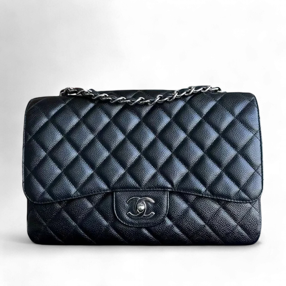 Caviar Jumbo Classic Flap Quilted Grained Calfskin Black Silver Hardware Series 12