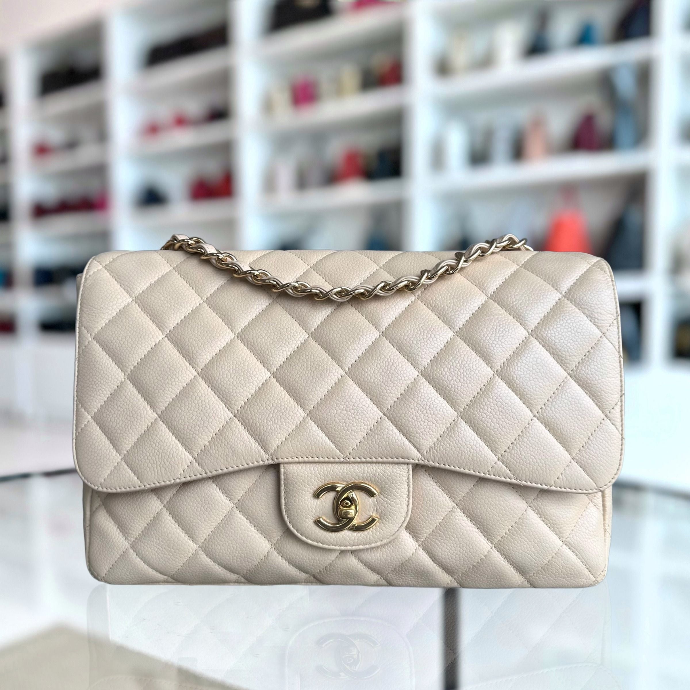 Chanel Caviar Jumbo Classic Flap Single Flap Beige Quilted Calfskin GHW No 13 - Luxury Evermore