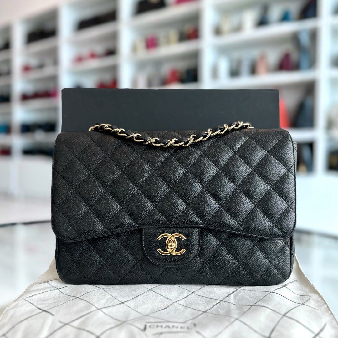 Chanel Caviar Jumbo Classic Flap Single Flap Quilted Calfskin Black GHW No 13 - Luxury Evermore