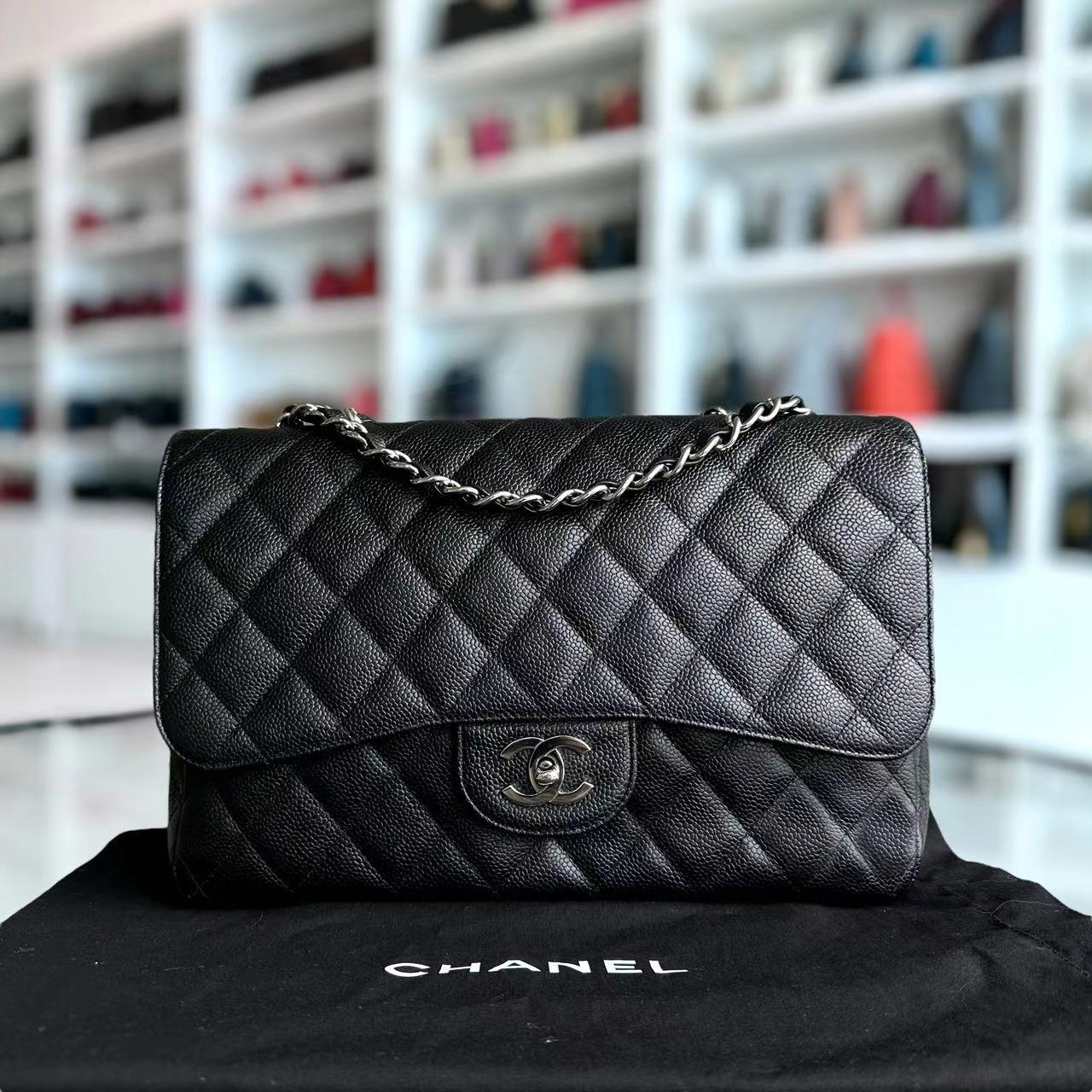 Chanel Caviar Jumbo Classic Flap Single Flap Quilted Calfskin Black SHW No 11 - Luxury Evermore