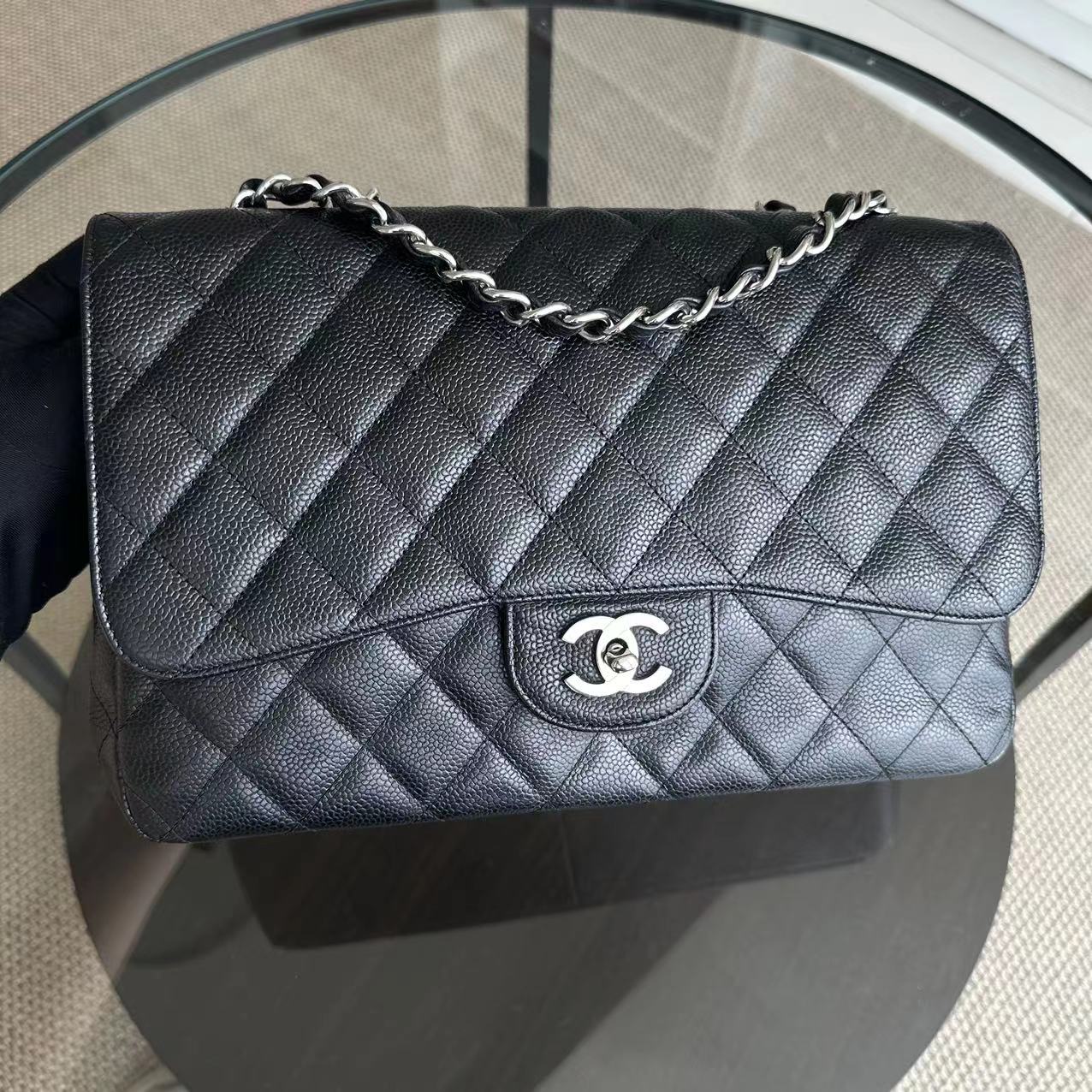 Chanel Caviar Jumbo Classic Flap Single Flap Quilted Calfskin Black SHW No 11 - Luxury Evermore