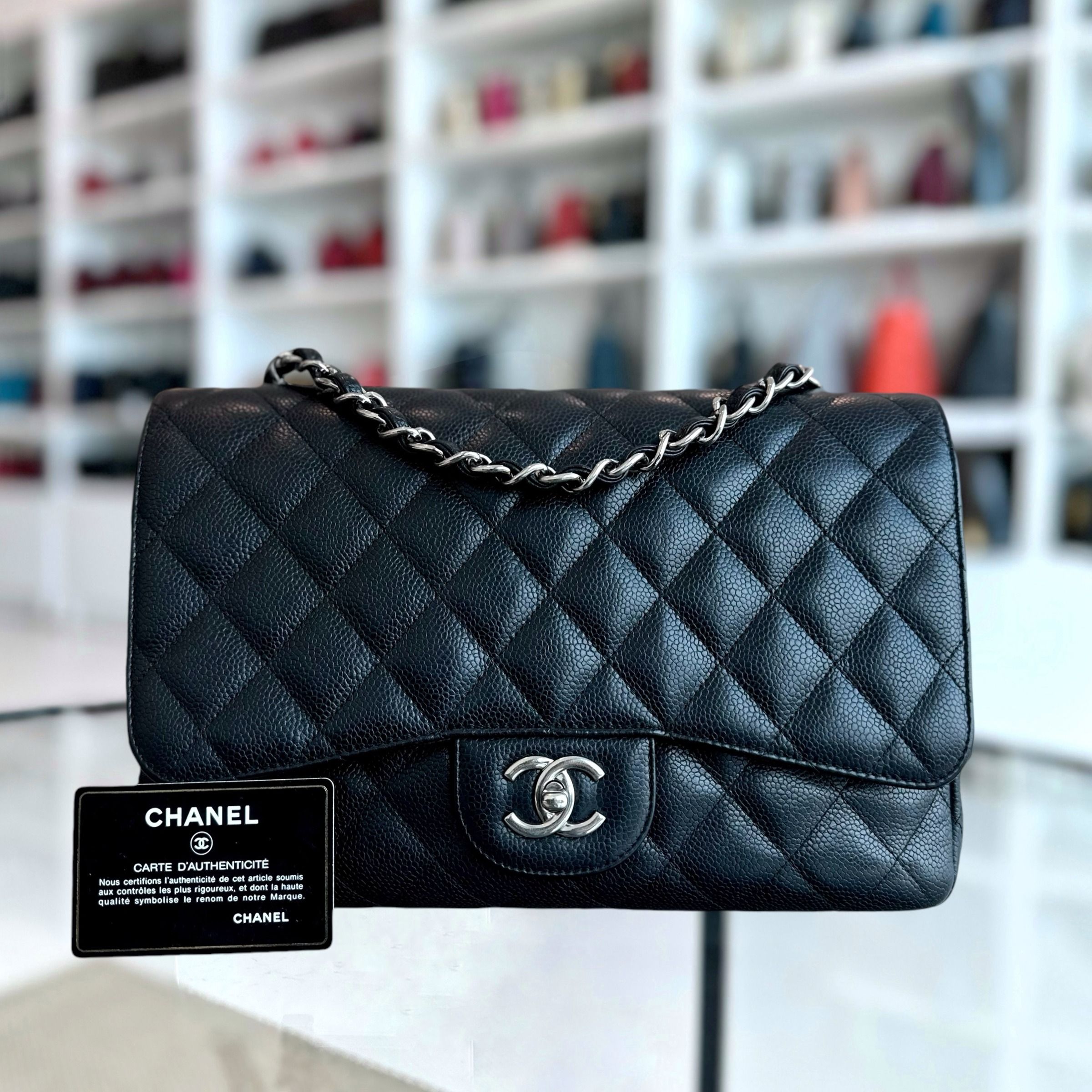 Chanel Caviar Jumbo Classic Flap Single Flap Quilted Calfskin Black SHW No 13 - Luxury Evermore