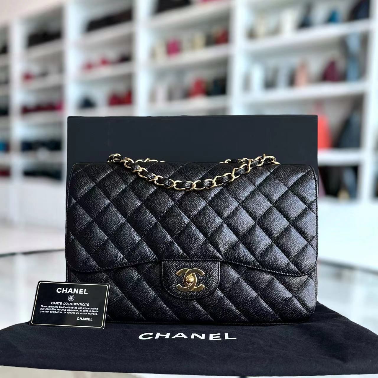 Chanel Caviar Jumbo Classic Flap Single Flap Quilted Grained Calfskin Black Golden Hardware Series 13 - Luxury Evermore