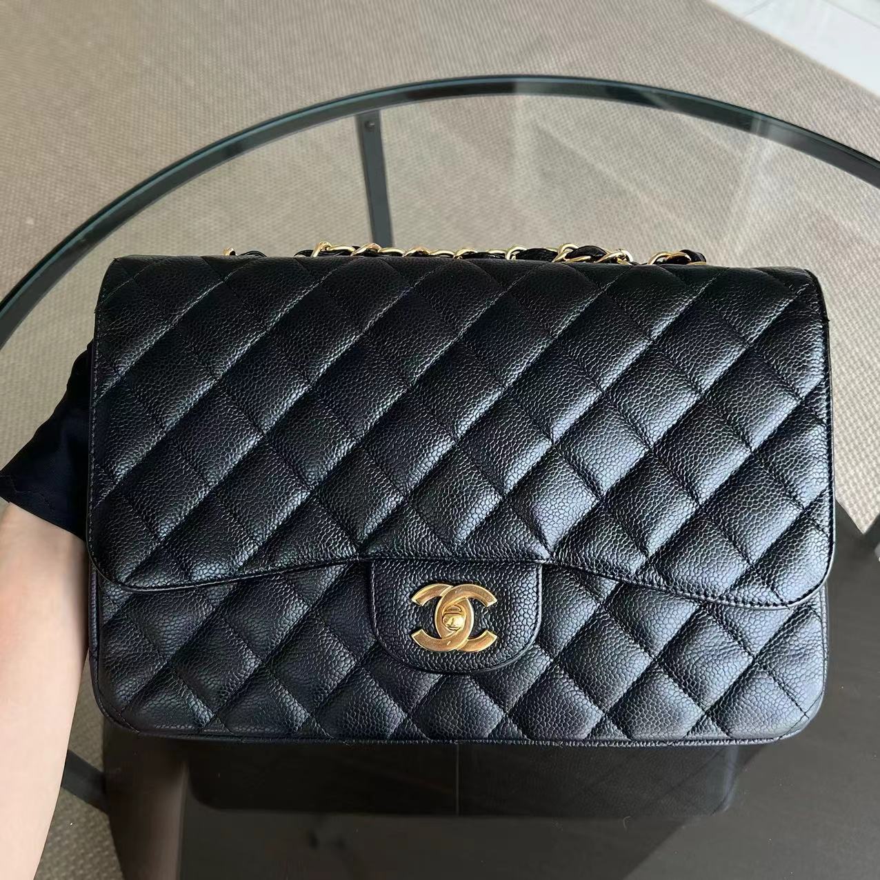 Chanel Caviar Jumbo Classic Flap Single Flap Quilted Grained Calfskin Black Golden Hardware Series 13 - Luxury Evermore