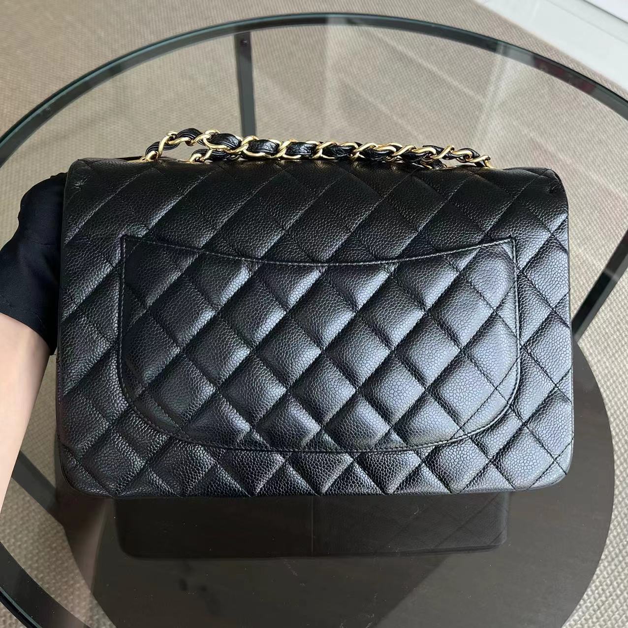 Chanel Caviar Jumbo Classic Flap Single Flap Quilted Grained Calfskin Black Golden Hardware Series 13 - Luxury Evermore